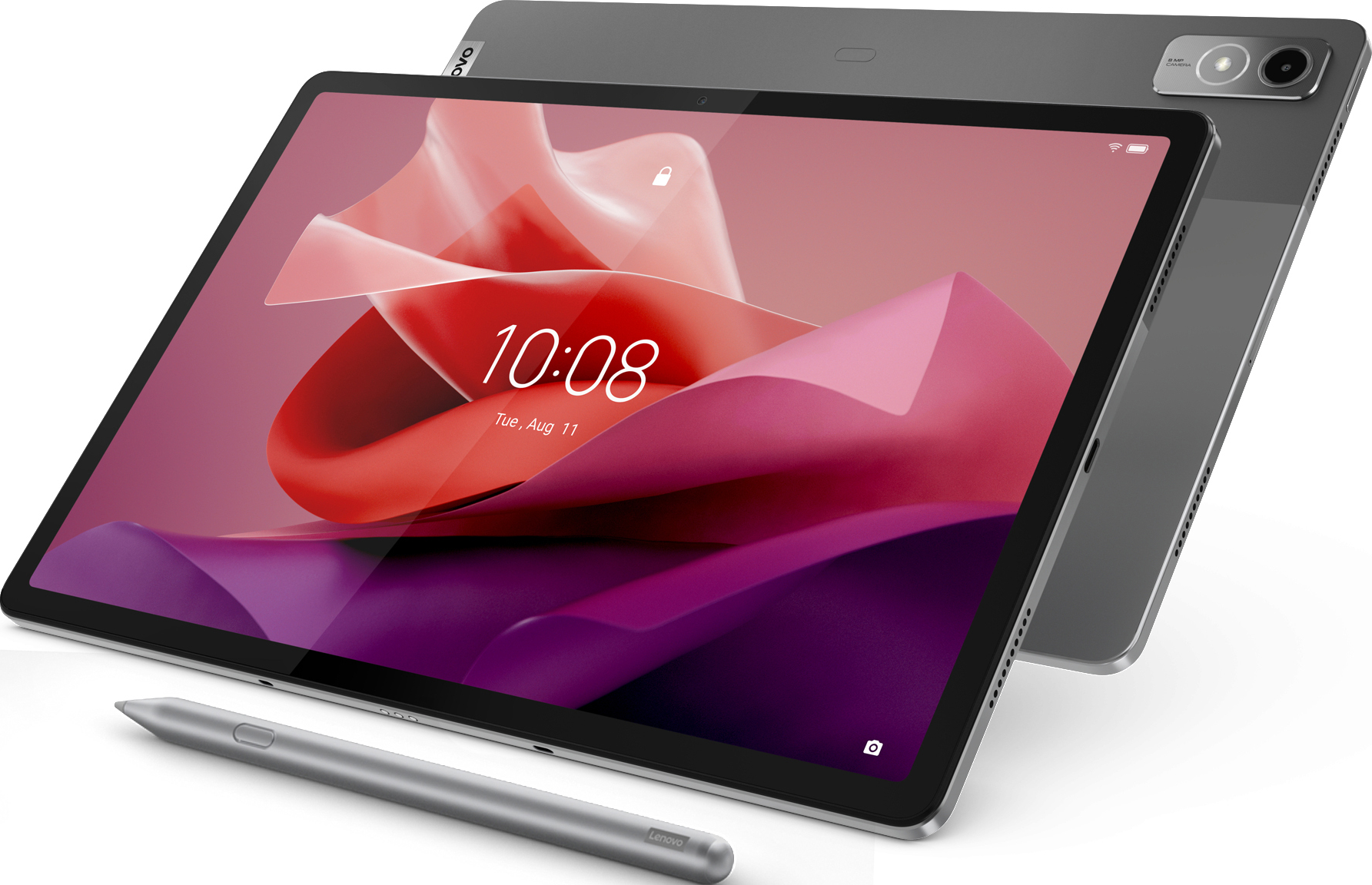 Tablet-Computer mit Stift und Bildschirm, der eine Uhr zeigt.