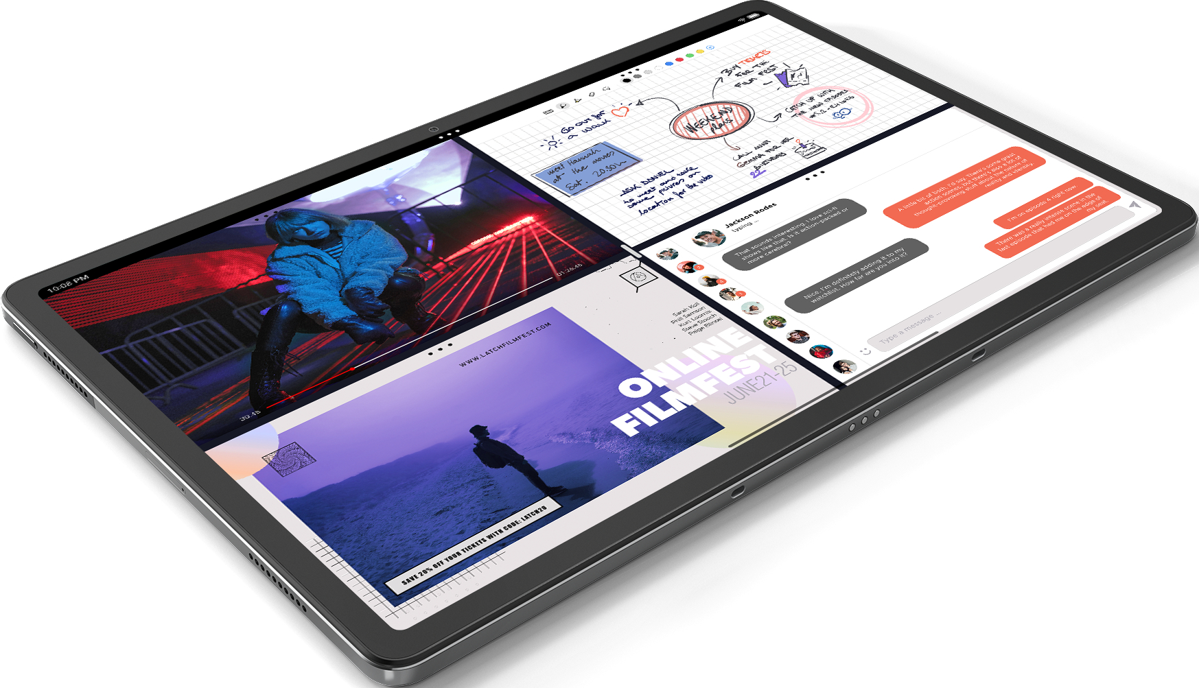 Tablet mit Multi-Window-Anzeige mit Website, Video und Notizen, in diagonaler Ansicht.