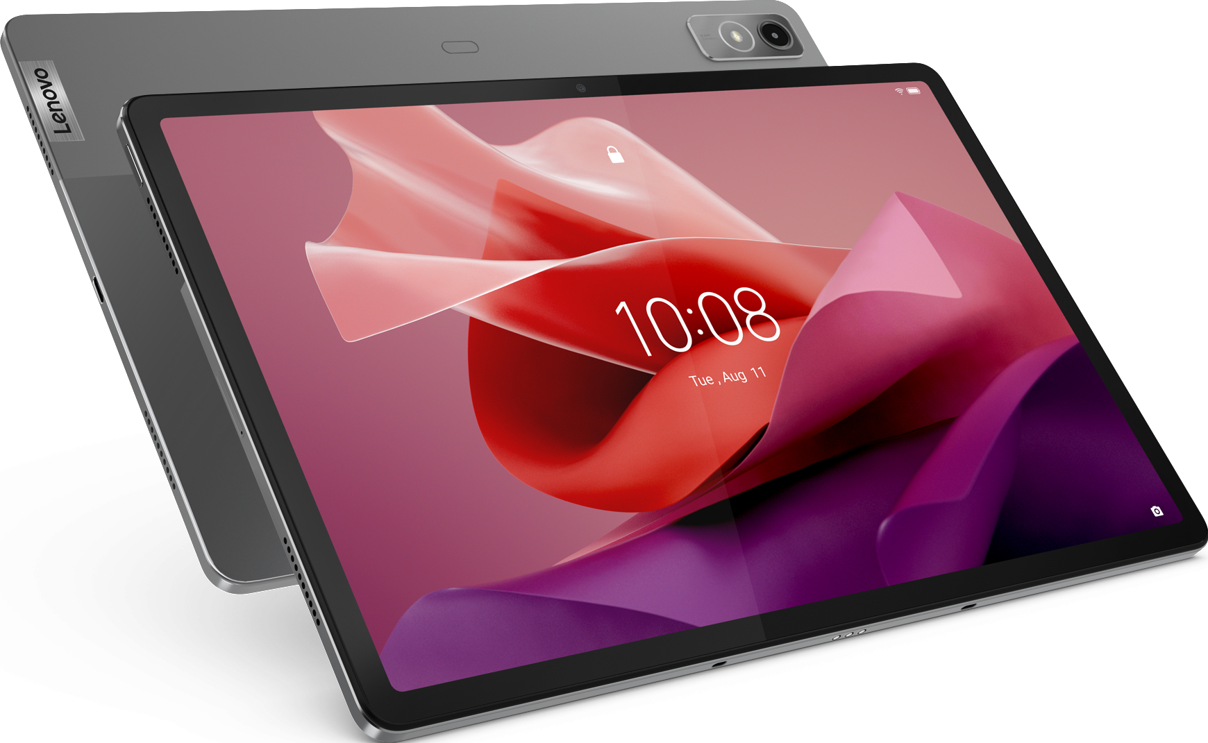 Ein Tablet mit hellem Bildschirm, der eine Uhr anzeigt, mit einem zweiten Tablet im Hintergrund.