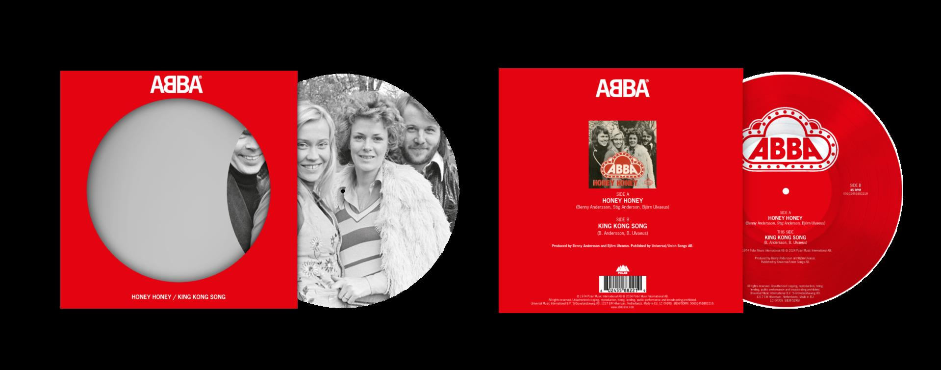 Albumcover der ABBA-Singles Honey Honey/King Kong Song, auf rotem Hintergrund.