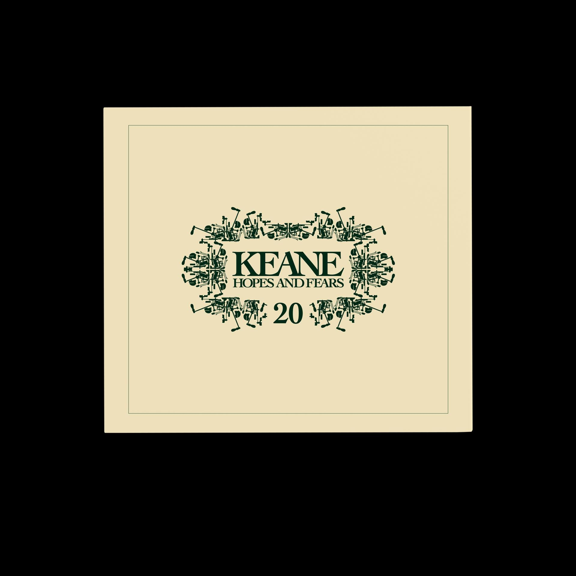 Albumcover mit Text 'Keane', 'Hopes and Fears' und einem Design, grüner Text, beiger Hintergrund.