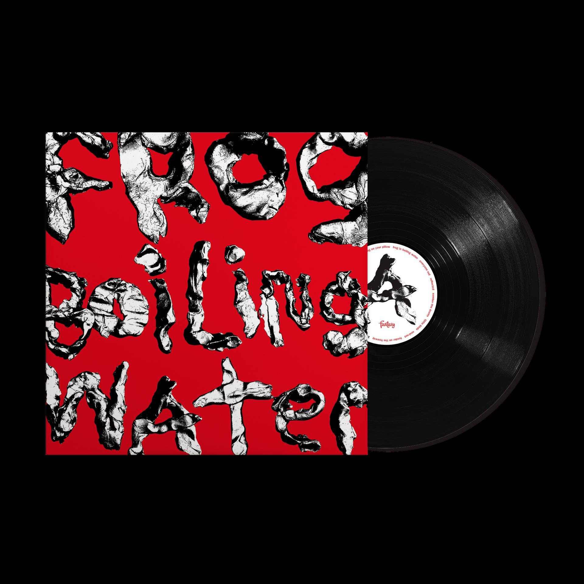 Rotes Albumcover mit weißem Text und einer Schallplatte.
