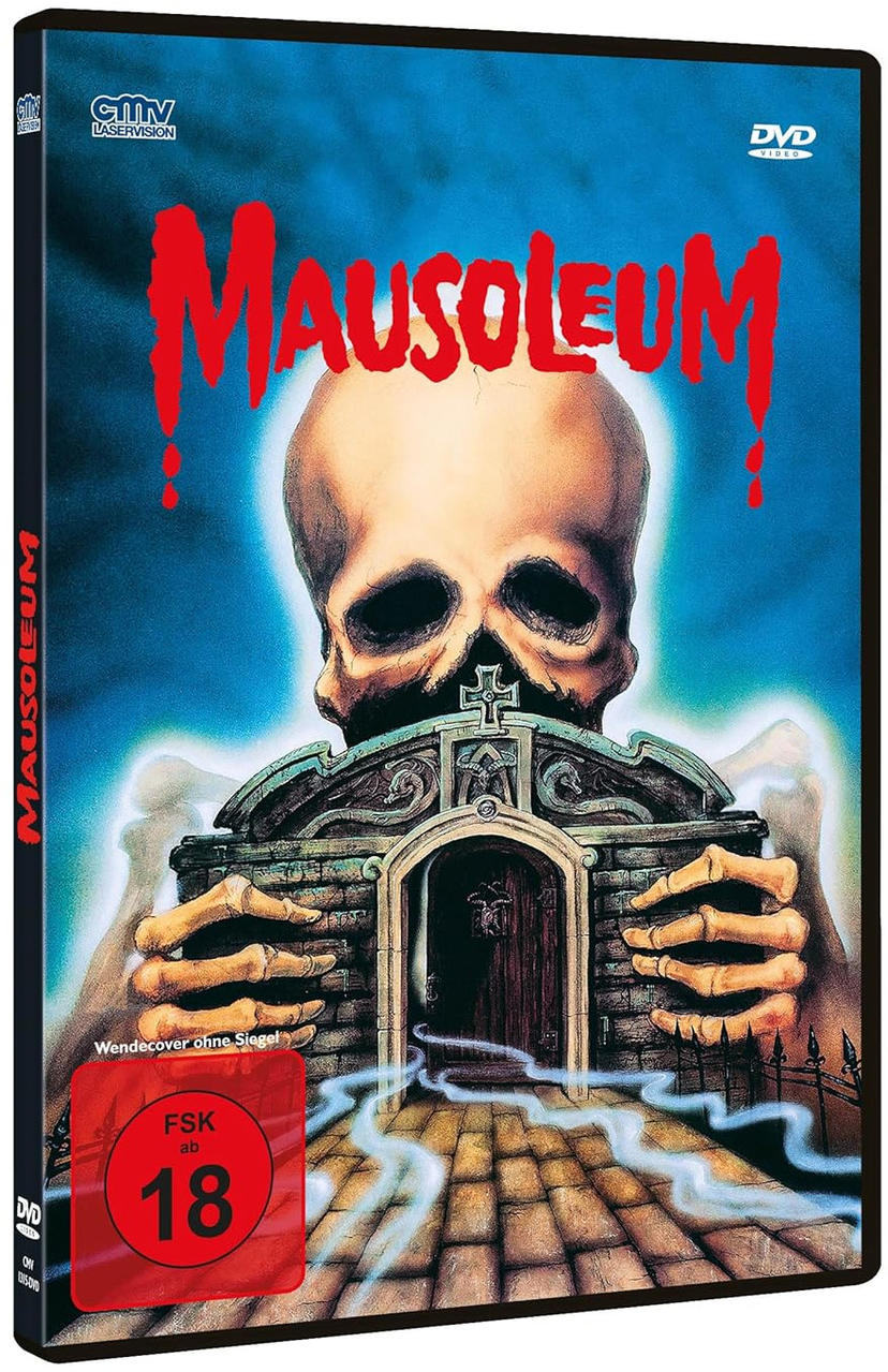 Eine DVD-Hülle des Horrorfilms Mausoleum mit einem Totenkopf darauf.