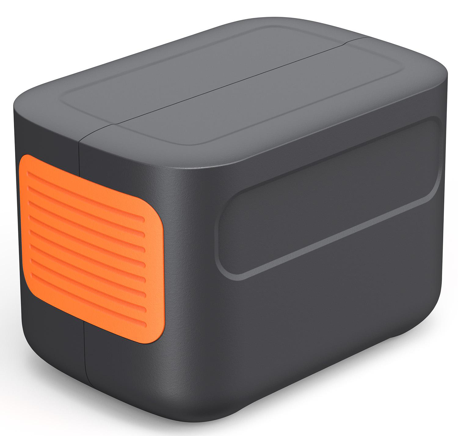 Eine dunkelgraue, rechteckige tragbare Powerstation mit einem orangefarbenen Seitenteil auf weißem Hintergrund.