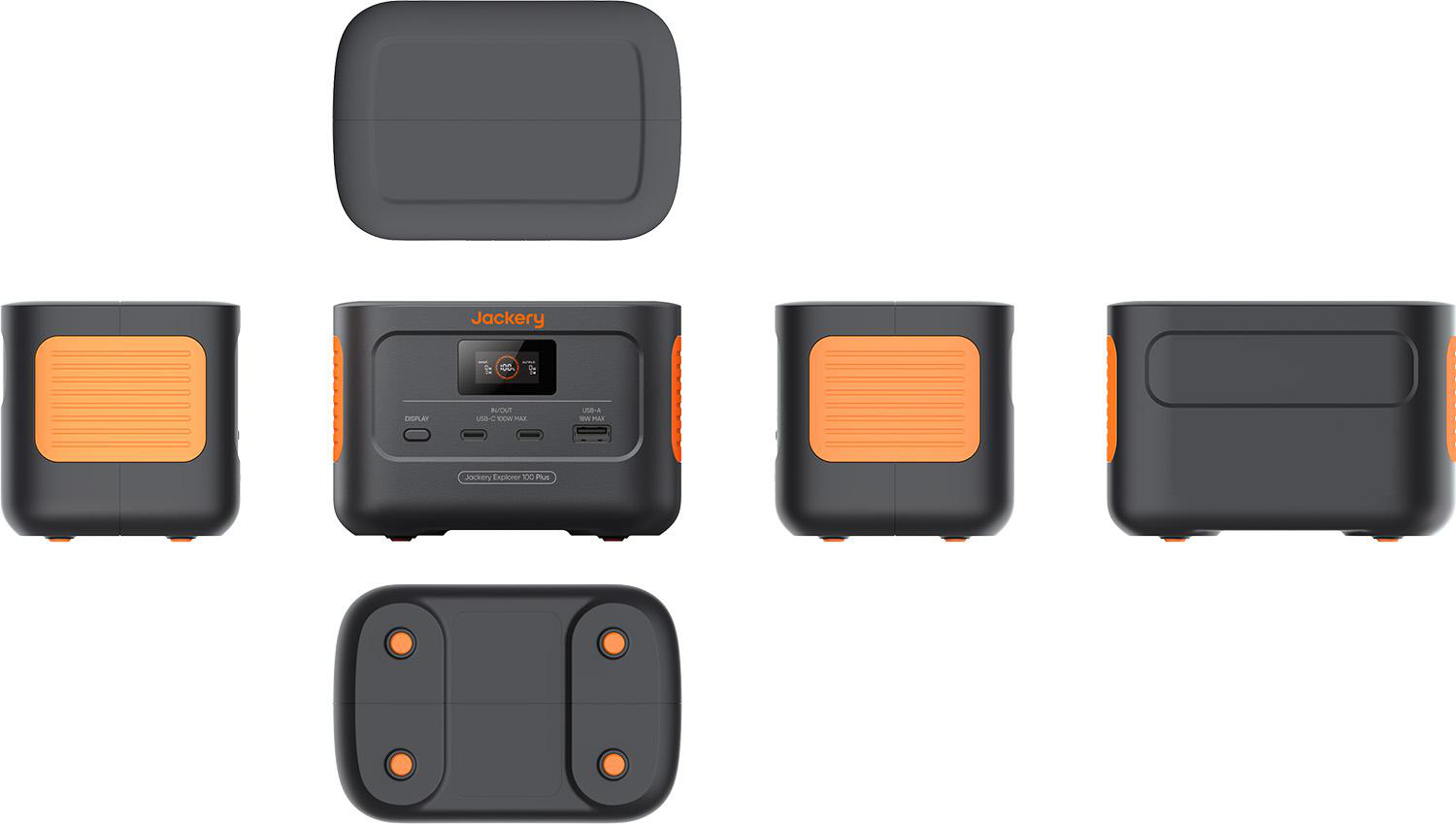 Eine schwarz-orange tragbare Powerstation mit verschiedenen Anschlüssen und Display.