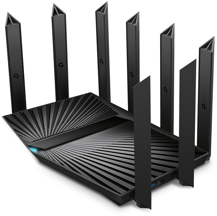 Fekete TP-Link router több antennával, szögletes kialakítással és kék fénnyel.