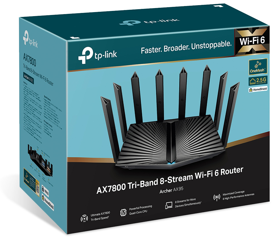TP-Link Wi-Fi 6 router doboz. 8 antennája van, és a router dizájnját mutatja.
