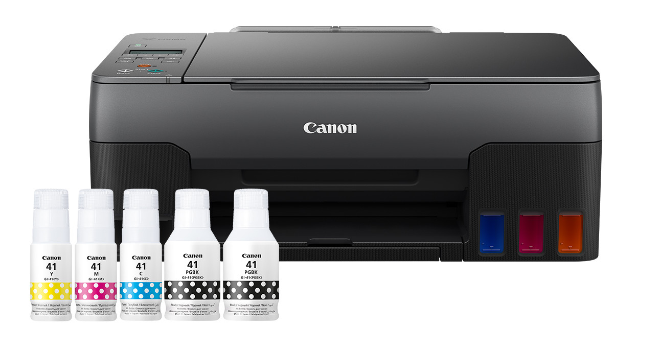 Drukarka Canon z butelkami z tuszem. Drukarka jest czarna i szara. Butelki z tuszem są kolorowe.