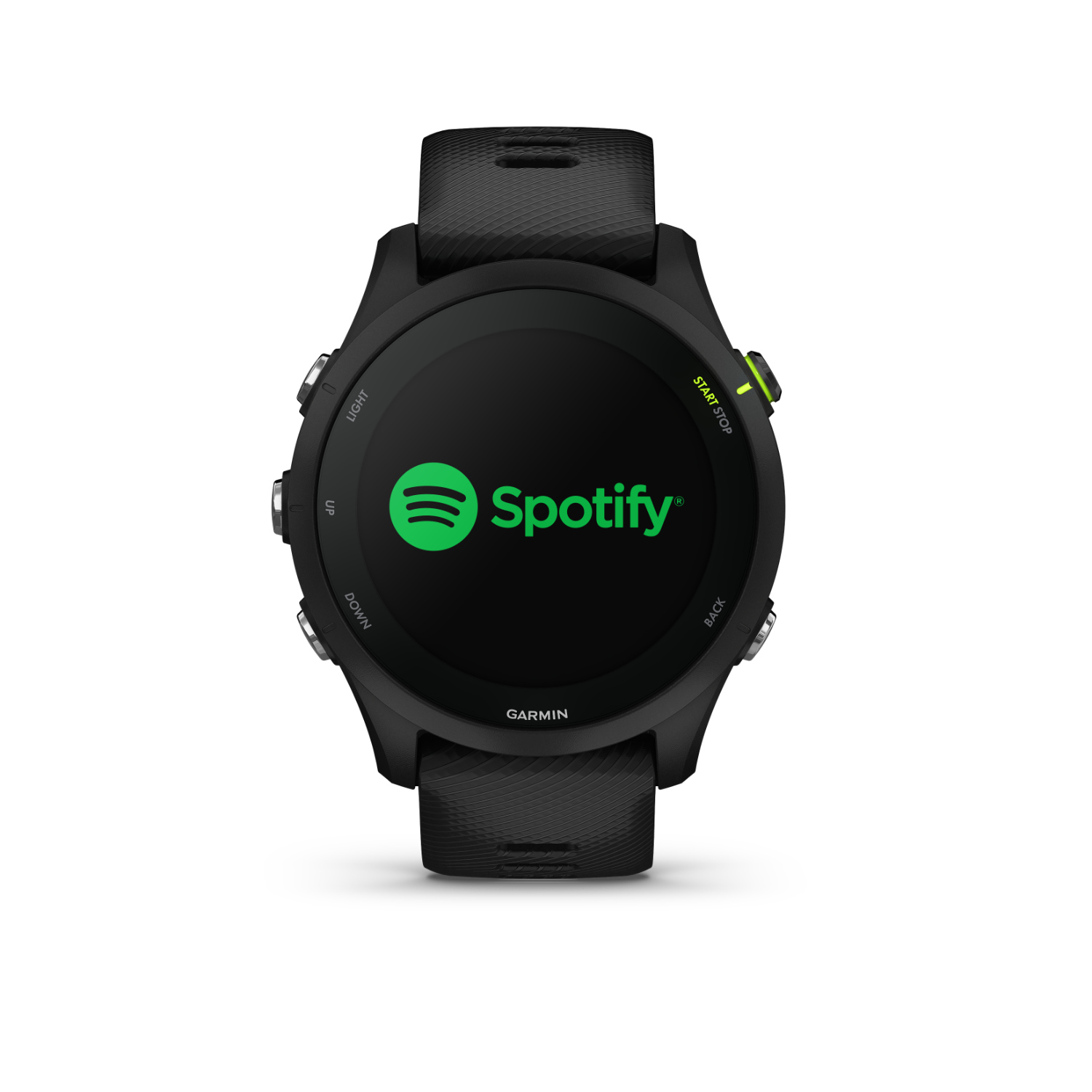 Garmin smartwatch met Spotify logo op zwarte achtergrond.
