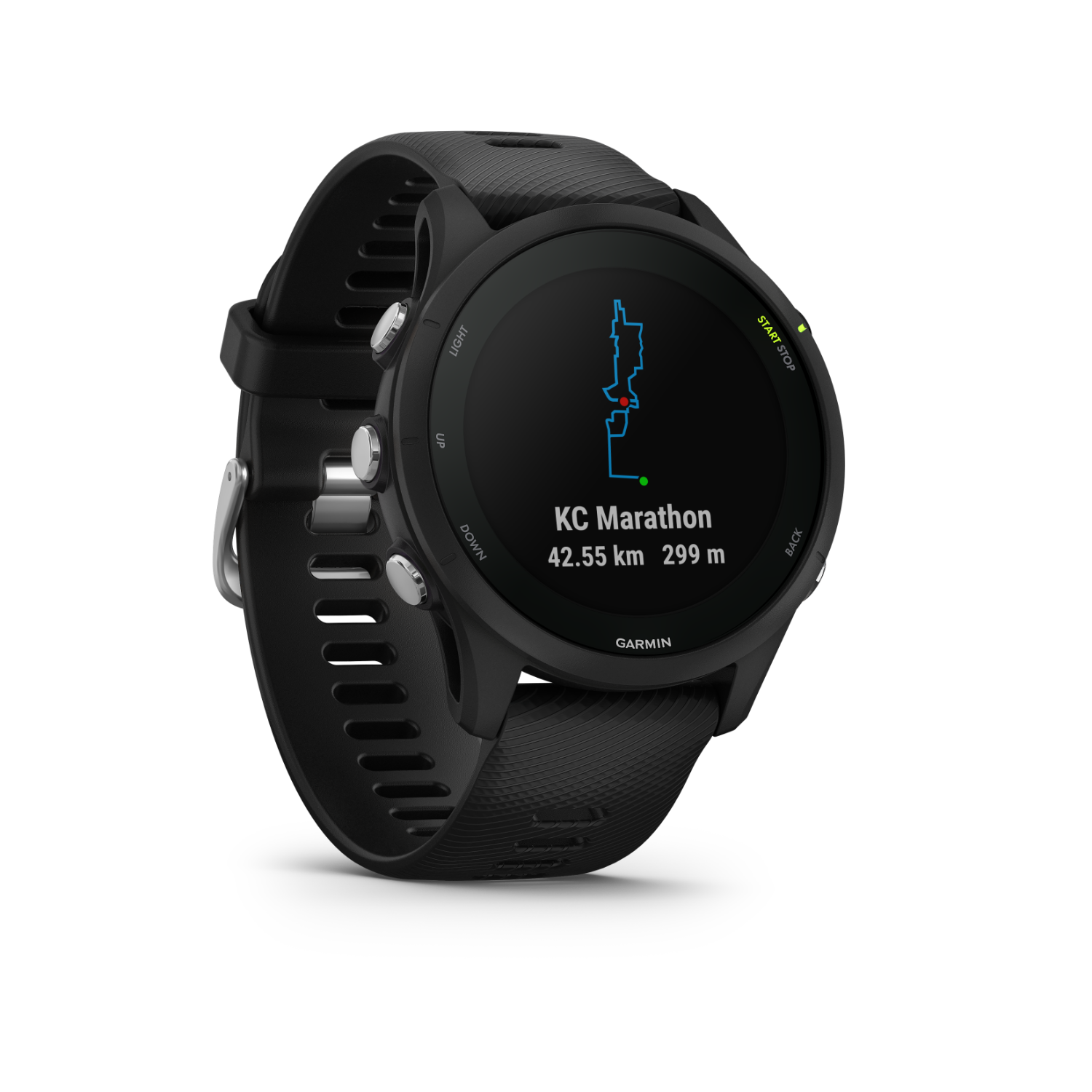 Zwarte Garmin smartwatch met een kaart van een marathon op het scherm.