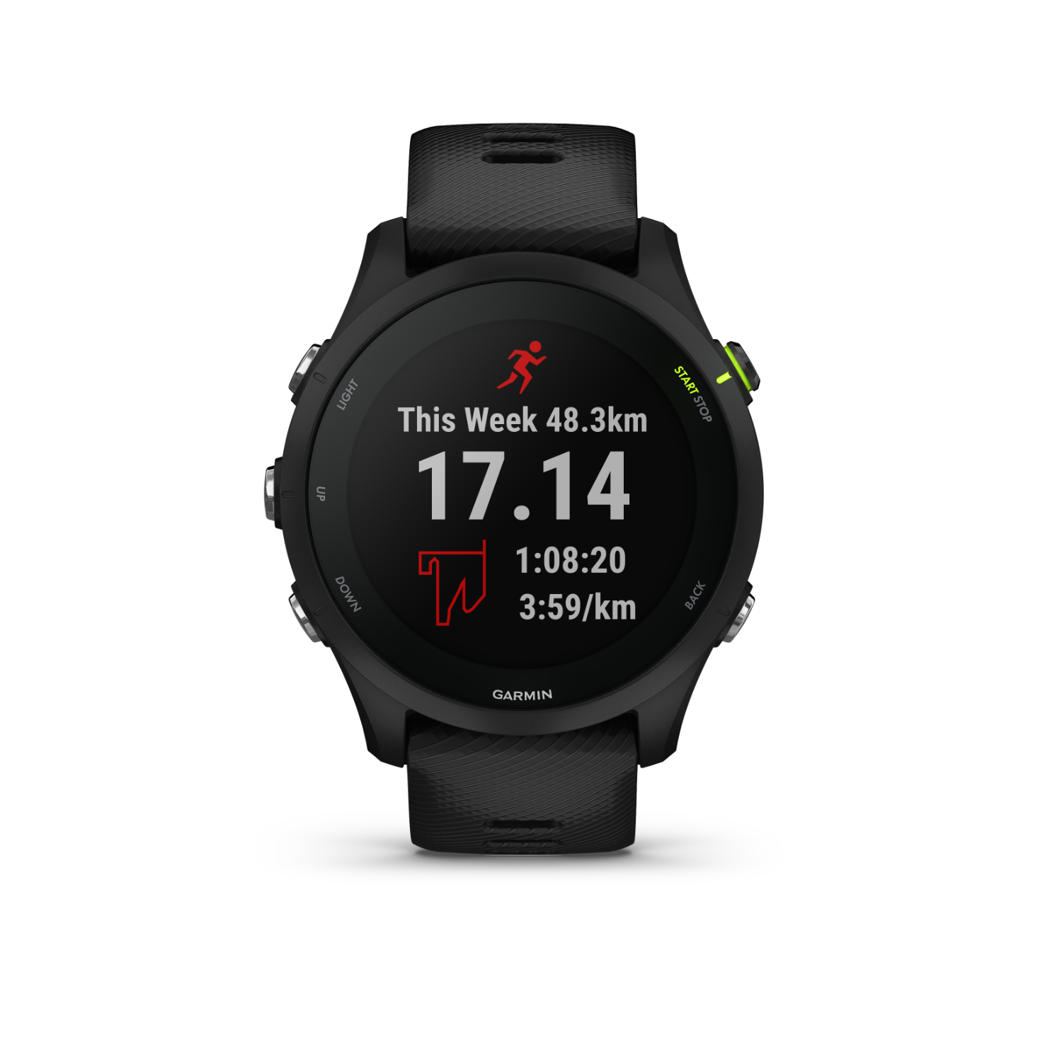 Zwart Garmin Forerunner horloge, met tijd, tempo en afstand op het scherm.