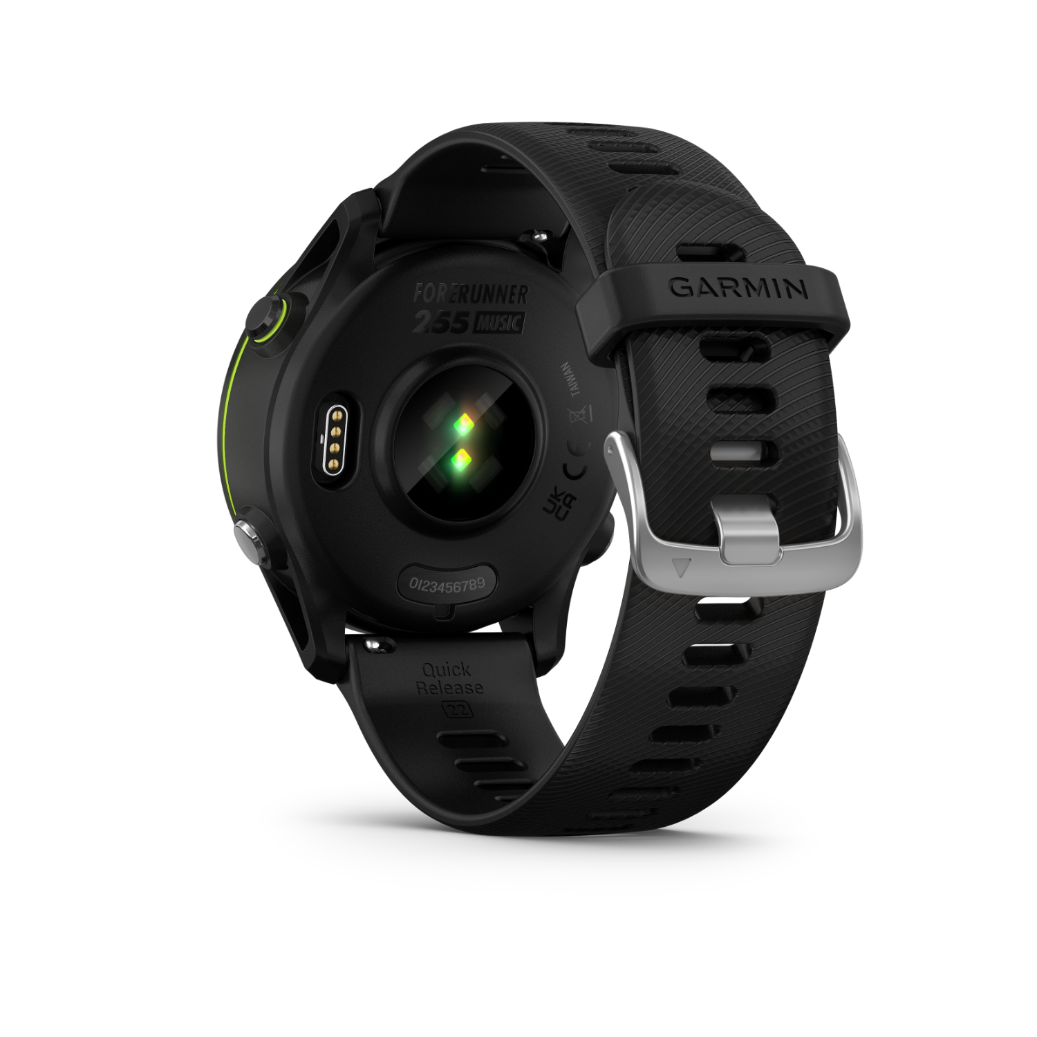 Achterkant van een Garmin Forerunner 265 Music smartwatch met zwarte band.