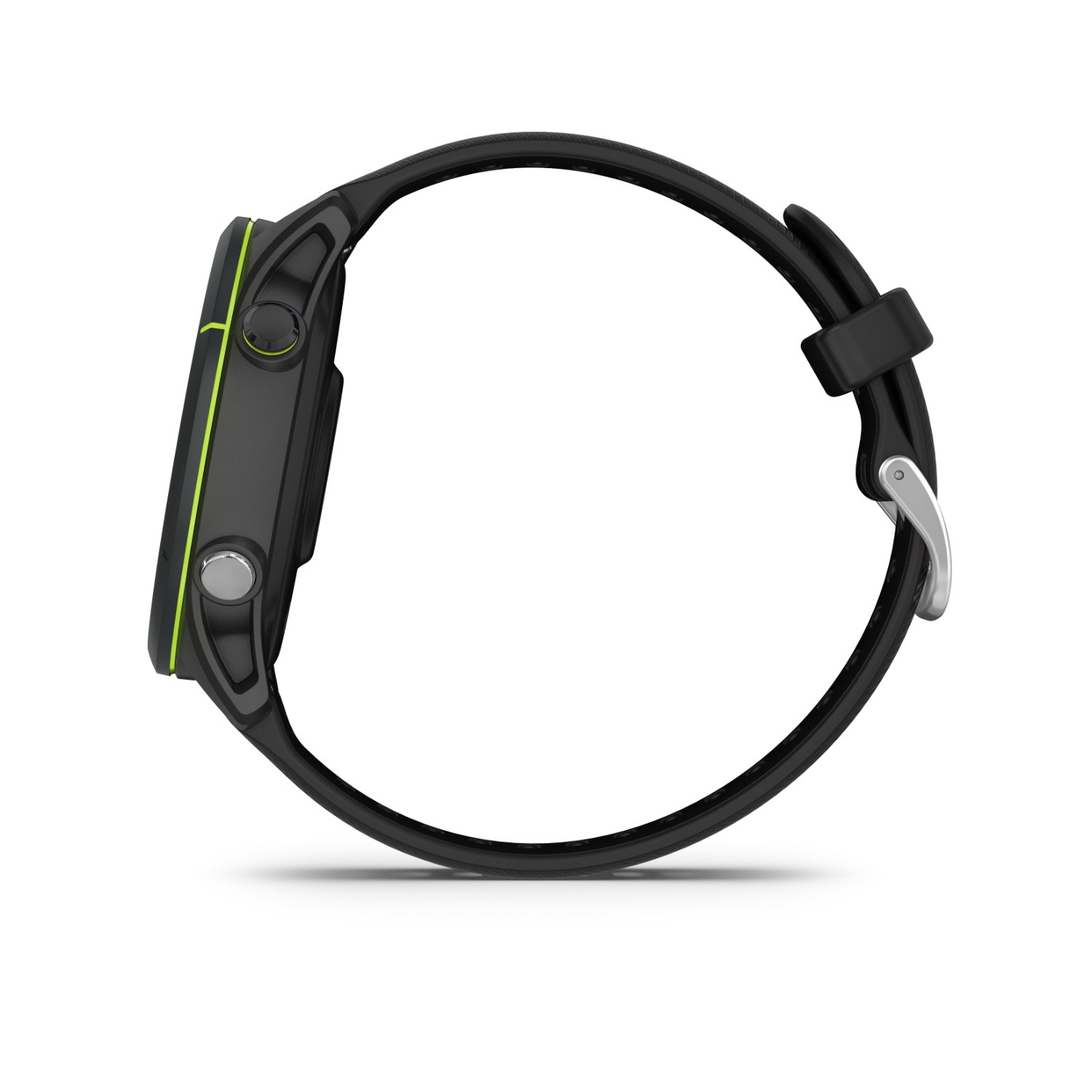 Zwarte smartwatch met groene accenten en zwarte band, zijaanzicht.