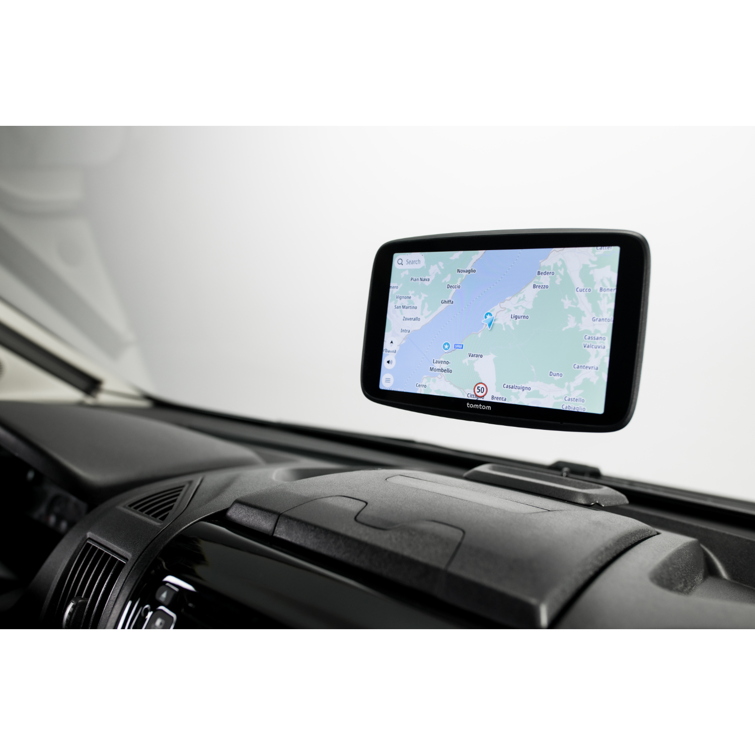 GPS navigation system displayed on a screen inside a car.