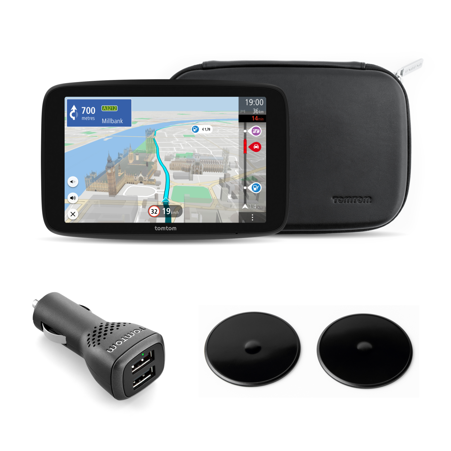 A navigation device with accessories: charger, discs, and a case.