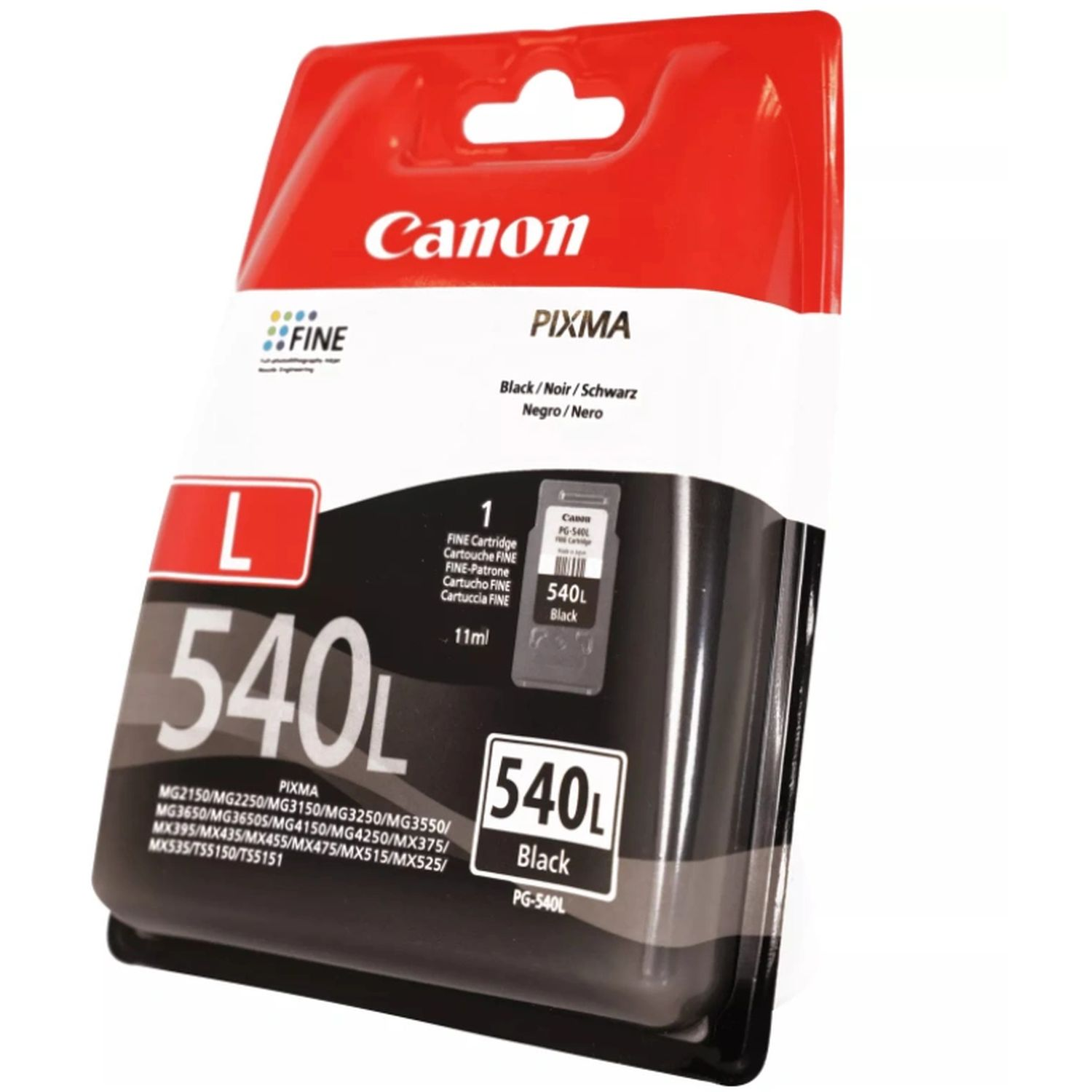 Canon Pixma 540L black ink cartridge in a red and black package. It's labeled with text.
