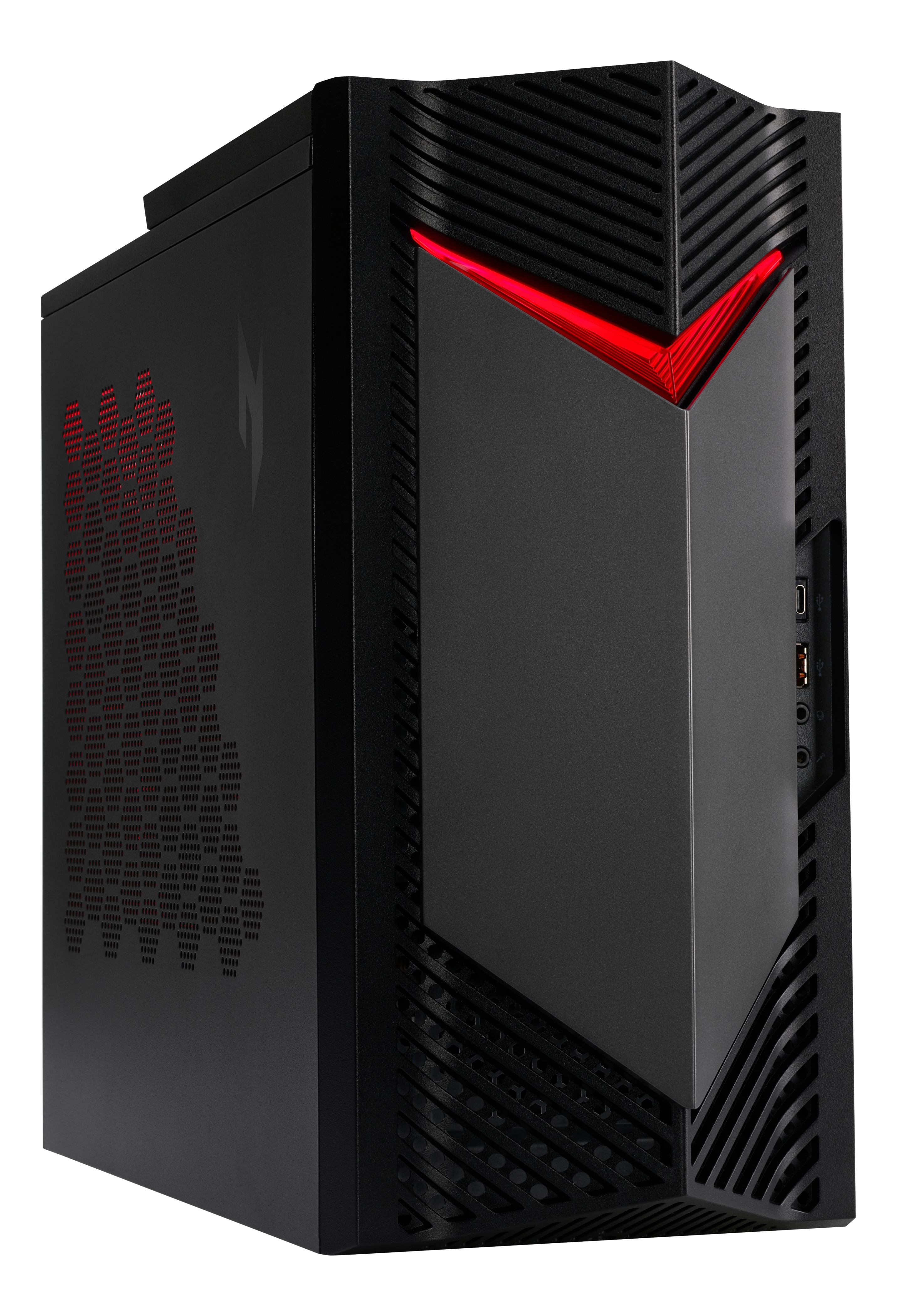 Boîtier d'ordinateur noir avec lumière rouge. PC gaming avec un design unique.