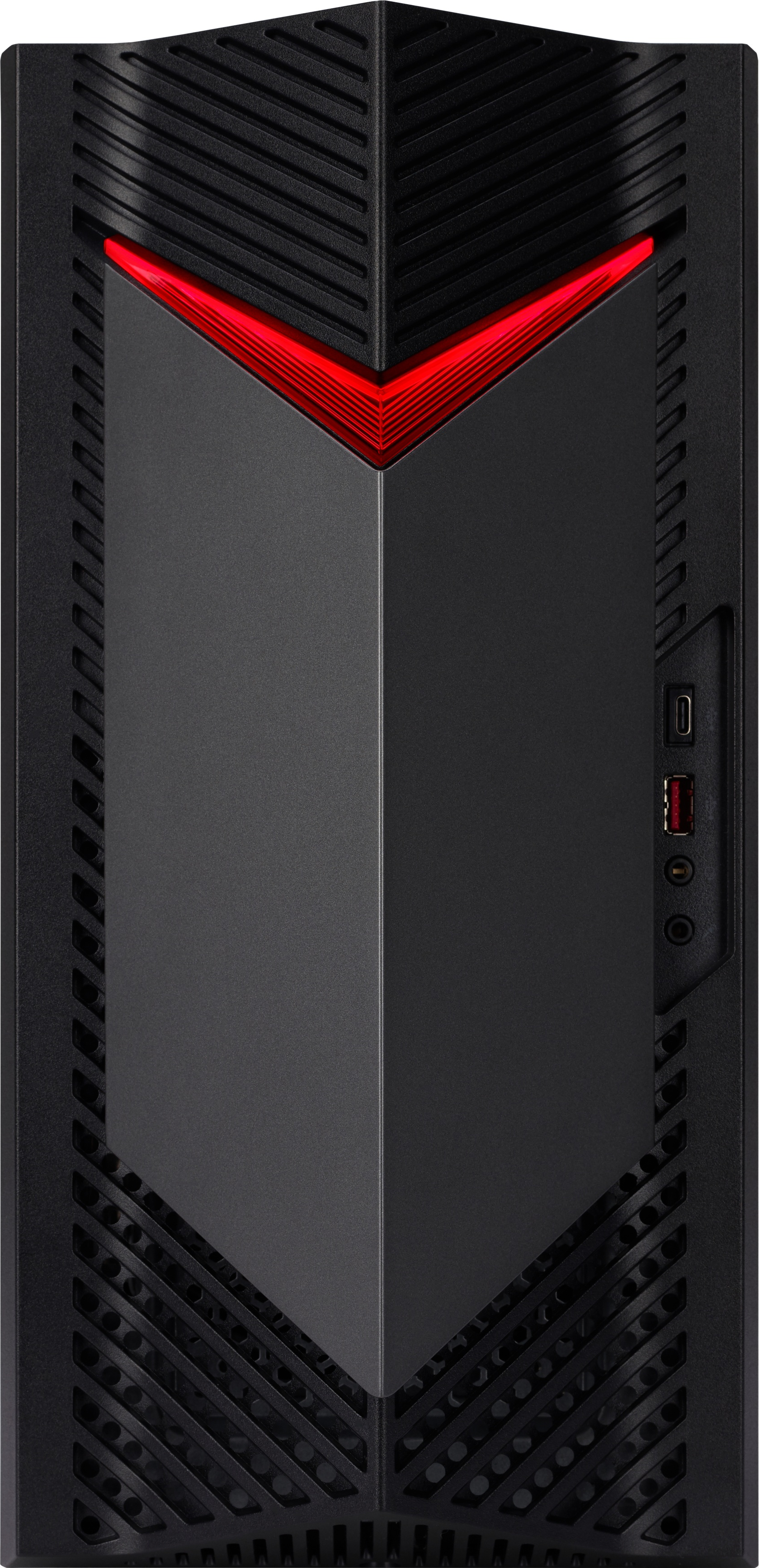 Tour d'ordinateur noire avec des accents rouges. Le panneau avant a un design en forme de V avec un panneau latéral avec ports.