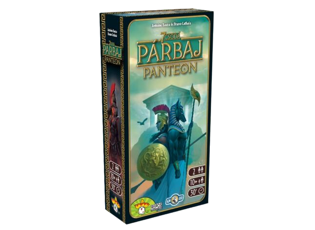 A 7 Wonders Duel: Pantheon játékkartonja, játékrajzzal, két figurával és ikonokkal.