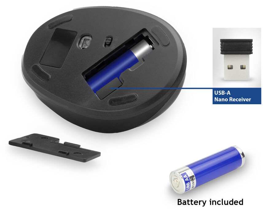 Fekete vezeték nélküli egér kék akkumulátorral és USB-vevővel. Az egér alja látható.