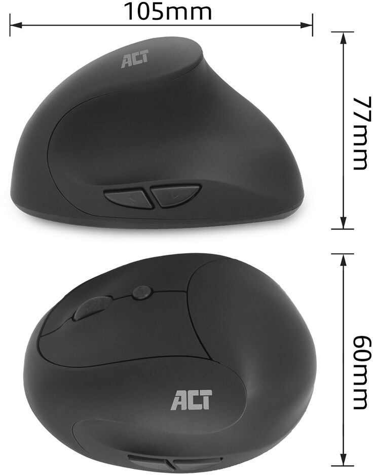 Fekete ergonomikus egér méretekkel: 105 mm x 77 mm, 60 mm x 105 mm.