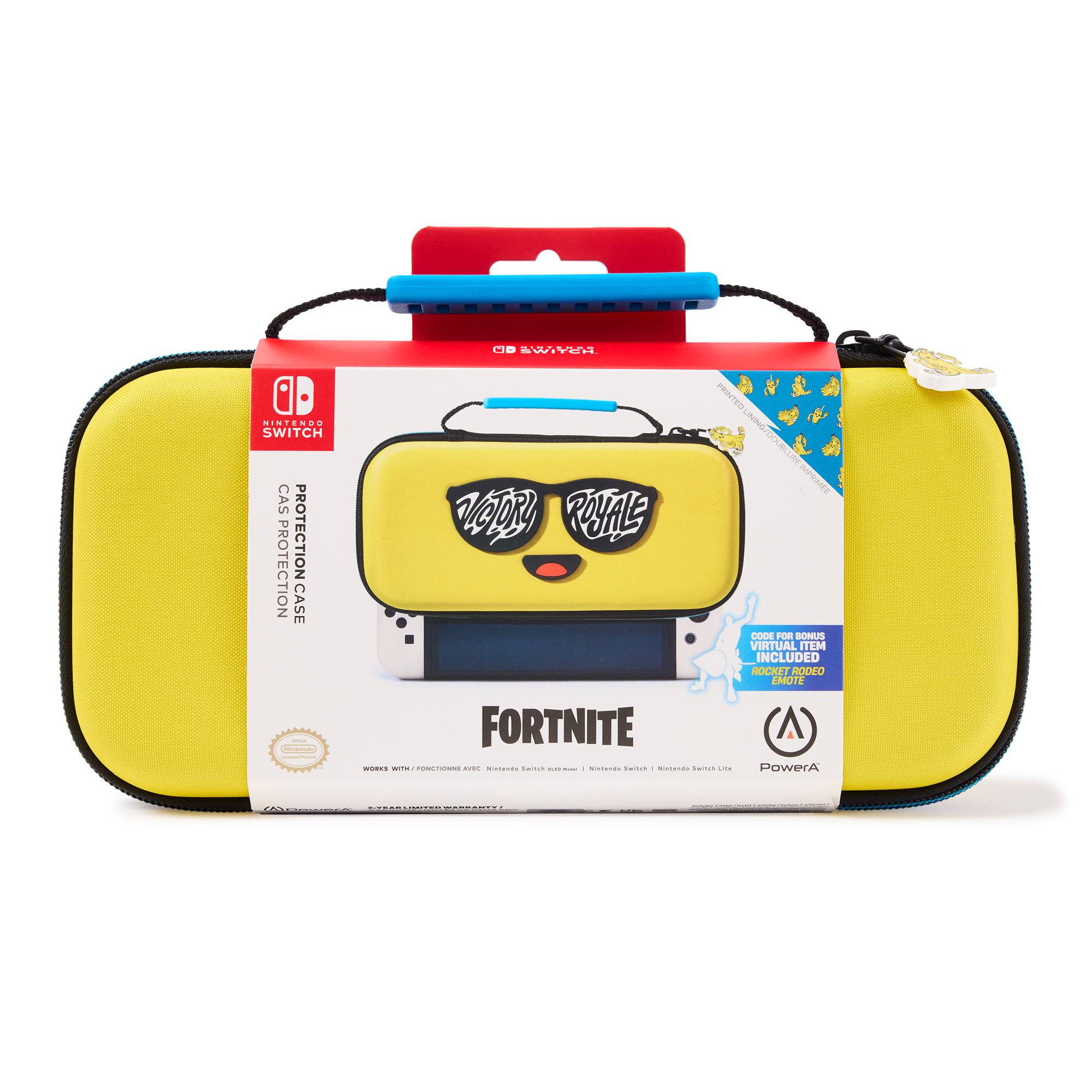 Eine gelbe Fortnite Nintendo Switch Hülle mit einer weißen Konsole darin.
