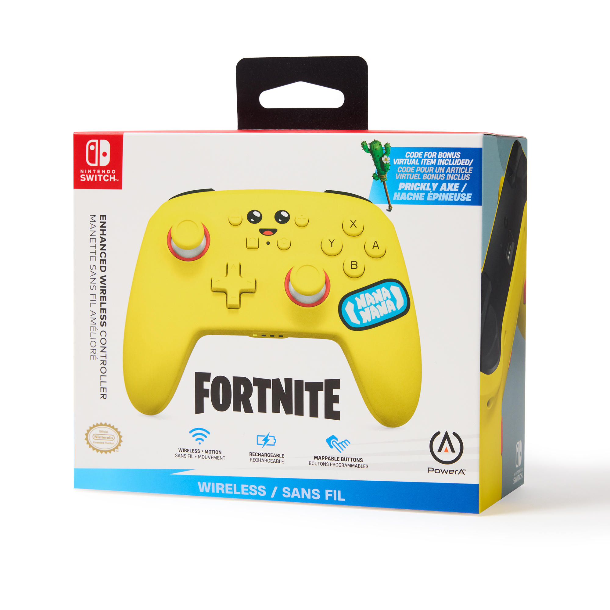 Ein gelber Fortnite-Controller. Die Box zeigt Controller-Bilder und Markendetails.