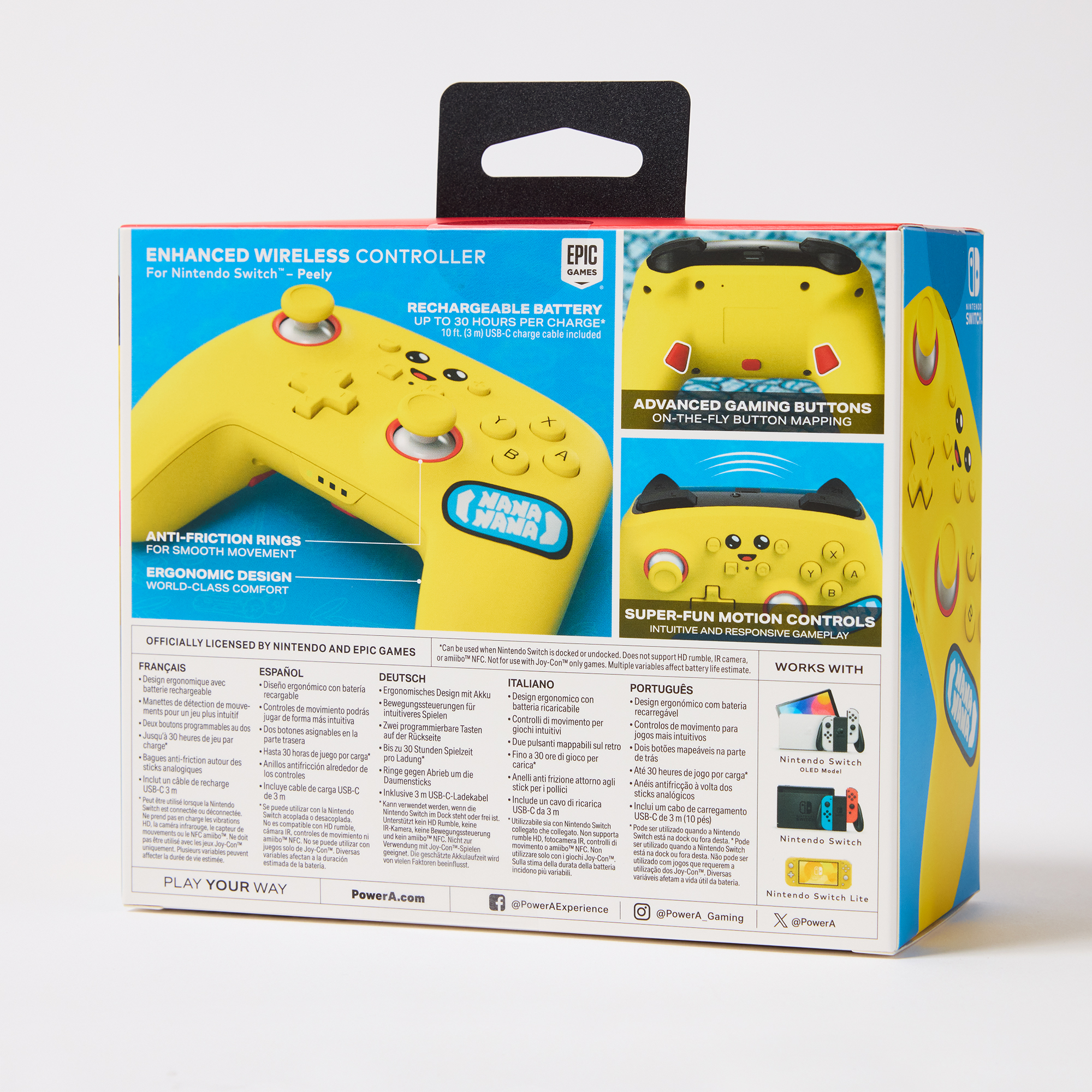 Gelbe Controller-Box mit Bildern des Controllers und beschriebenen Funktionen.