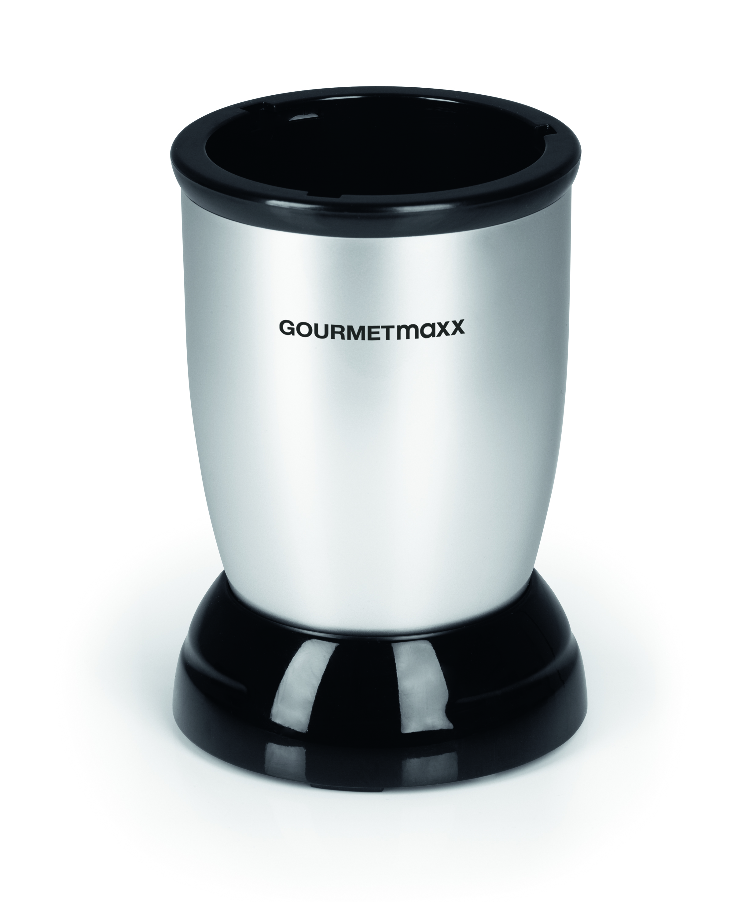 Silber-schwarzer Blender-Sockel mit dem Wort 'GOURMETMAXX'.
