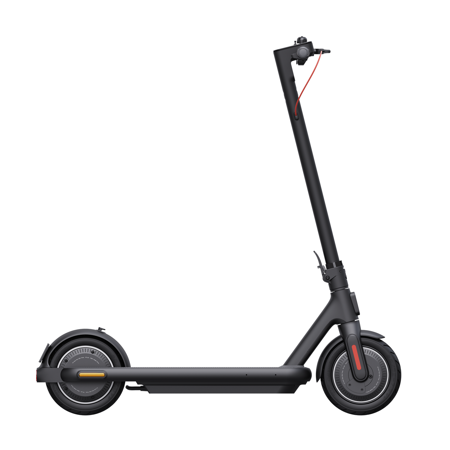 Scooter eléctrico negro, vista lateral, con cable rojo y luces rojas.