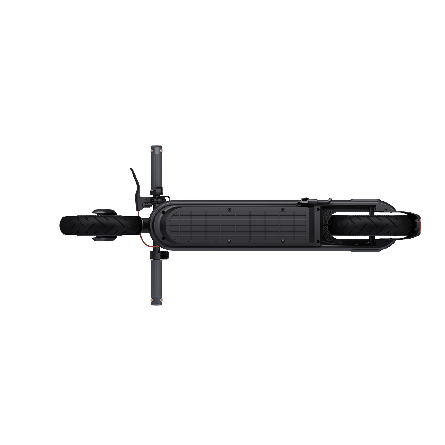 Vista superior de un scooter eléctrico negro. El scooter está sobre un fondo negro.