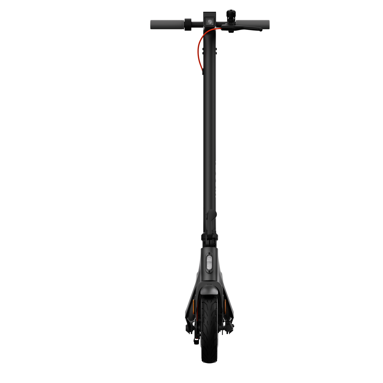 Scooter eléctrico negro sobre fondo negro. Manillar, cable rojo visible.