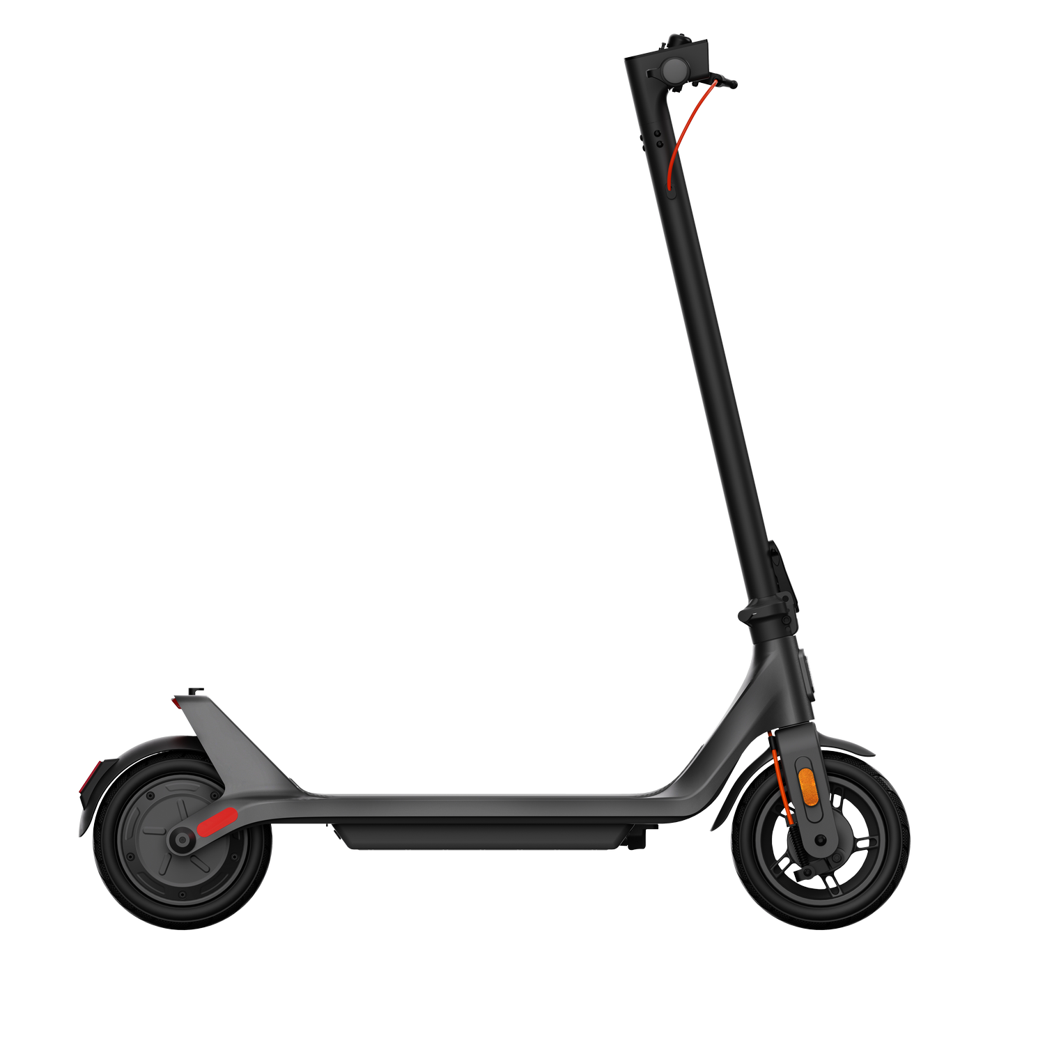Scooter eléctrico negro, vista lateral, con cable rojo y luces naranjas.