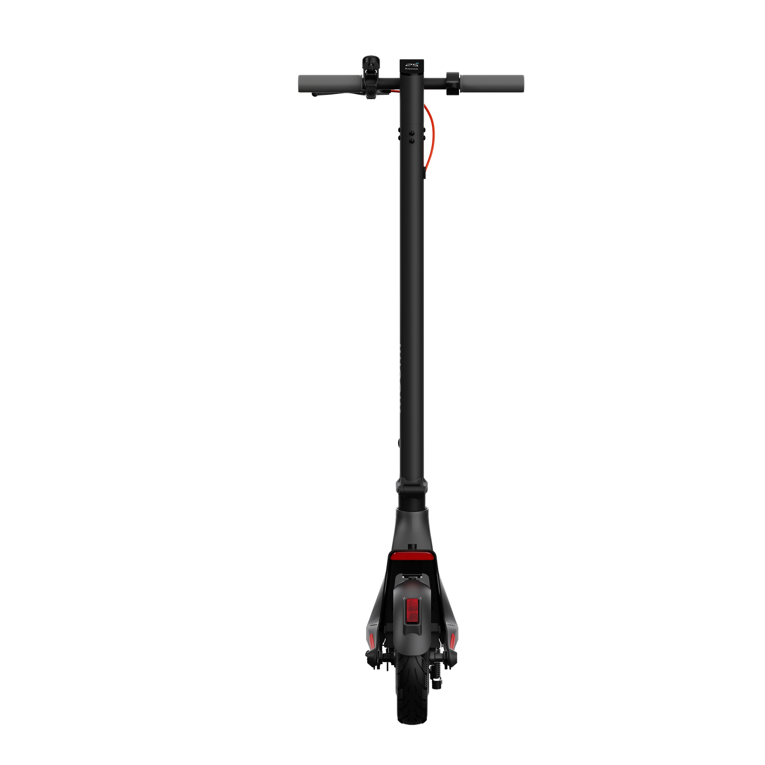 Scooter eléctrico negro, vista trasera, con luz roja y cable rojo.