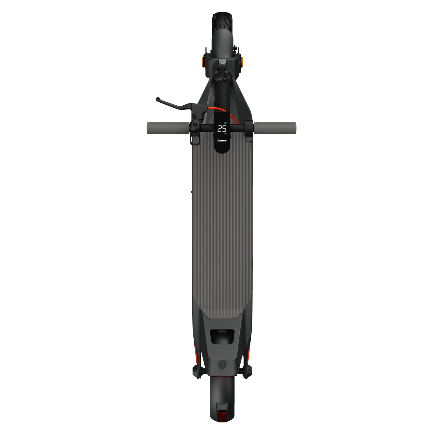 Scooter eléctrico desde arriba, mostrando el manillar, la pantalla y la plataforma. Fondo negro.