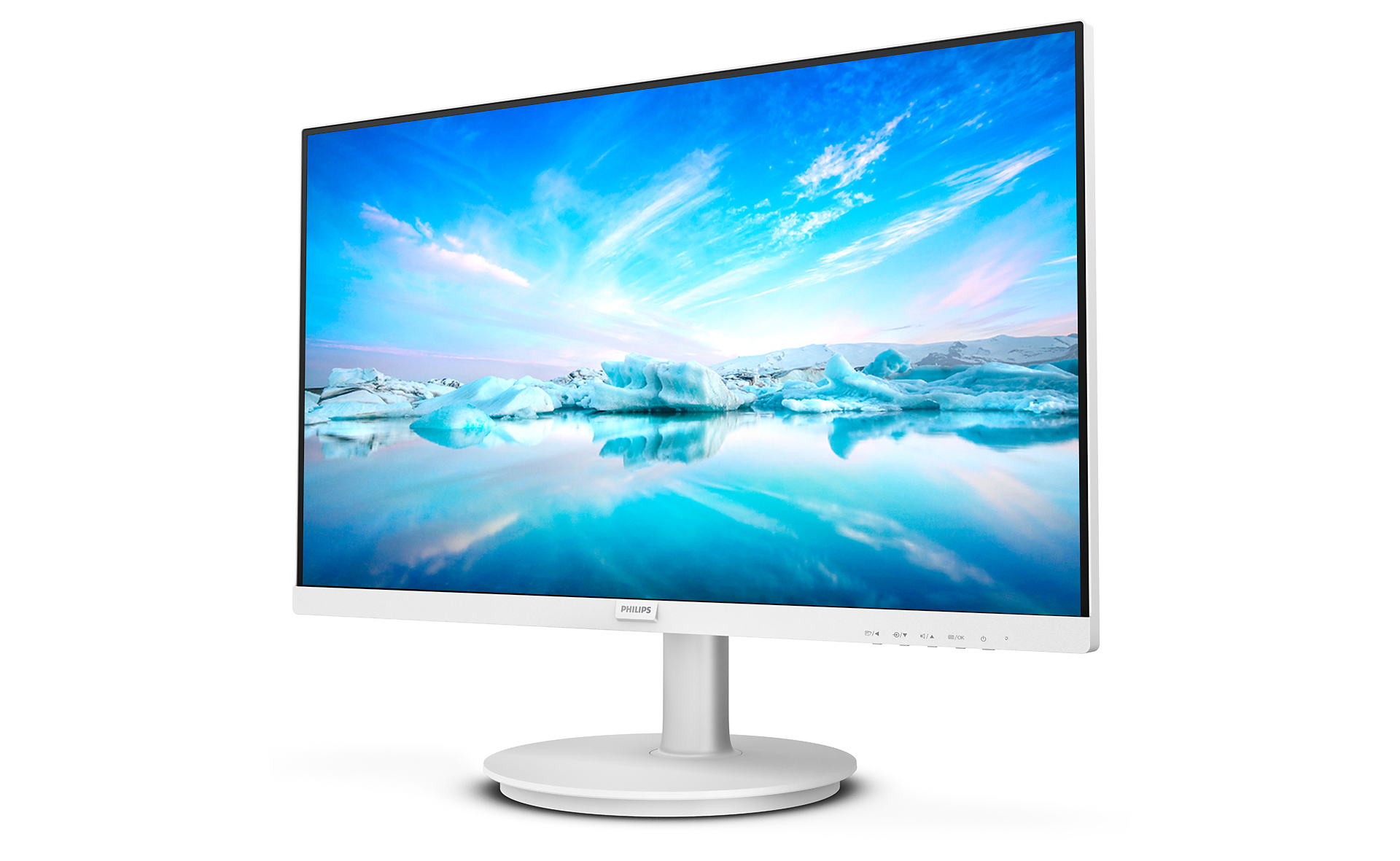Ein weißer Computermonitor zeigt eine Szene mit Himmel und Eisbergen. Er hat einen weißen Ständer.