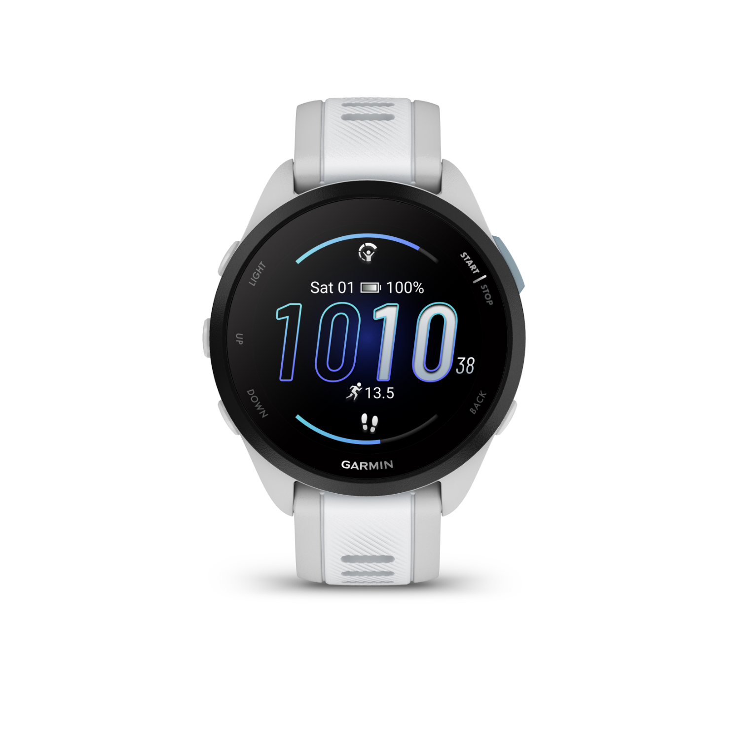 White smartwatch with a black screen, showing time and stats.