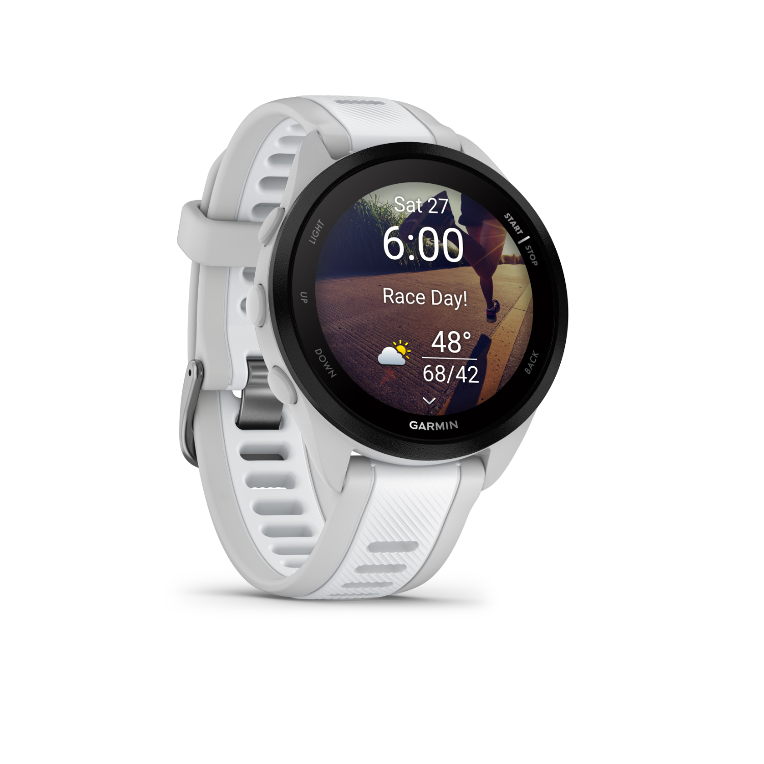 White and gray Garmin smart watch with black screen, white background.