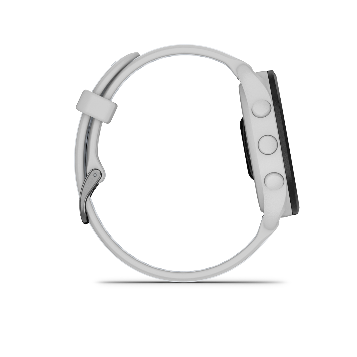 A side view of a white smartwatch with three buttons and a black screen.