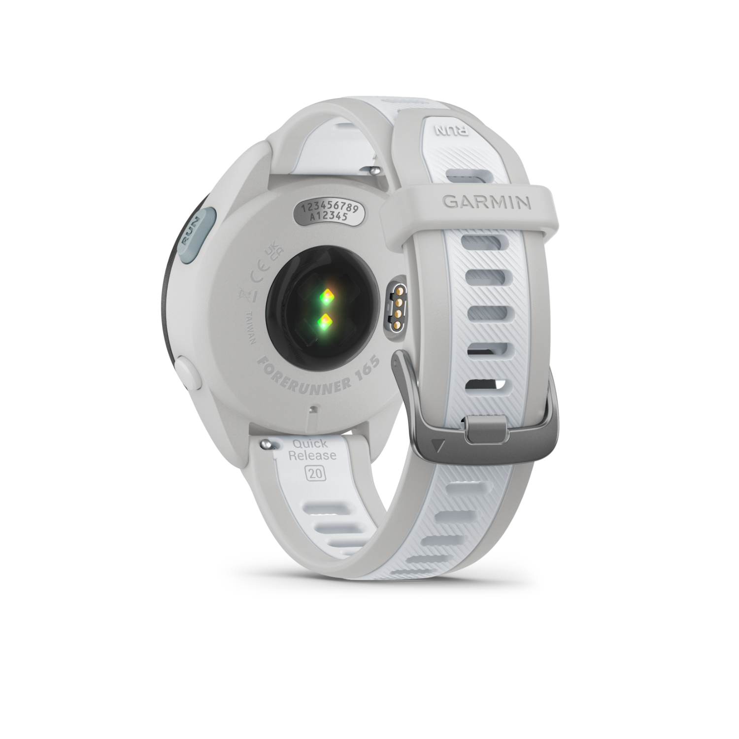 White Garmin watch, with gray straps and a black background.