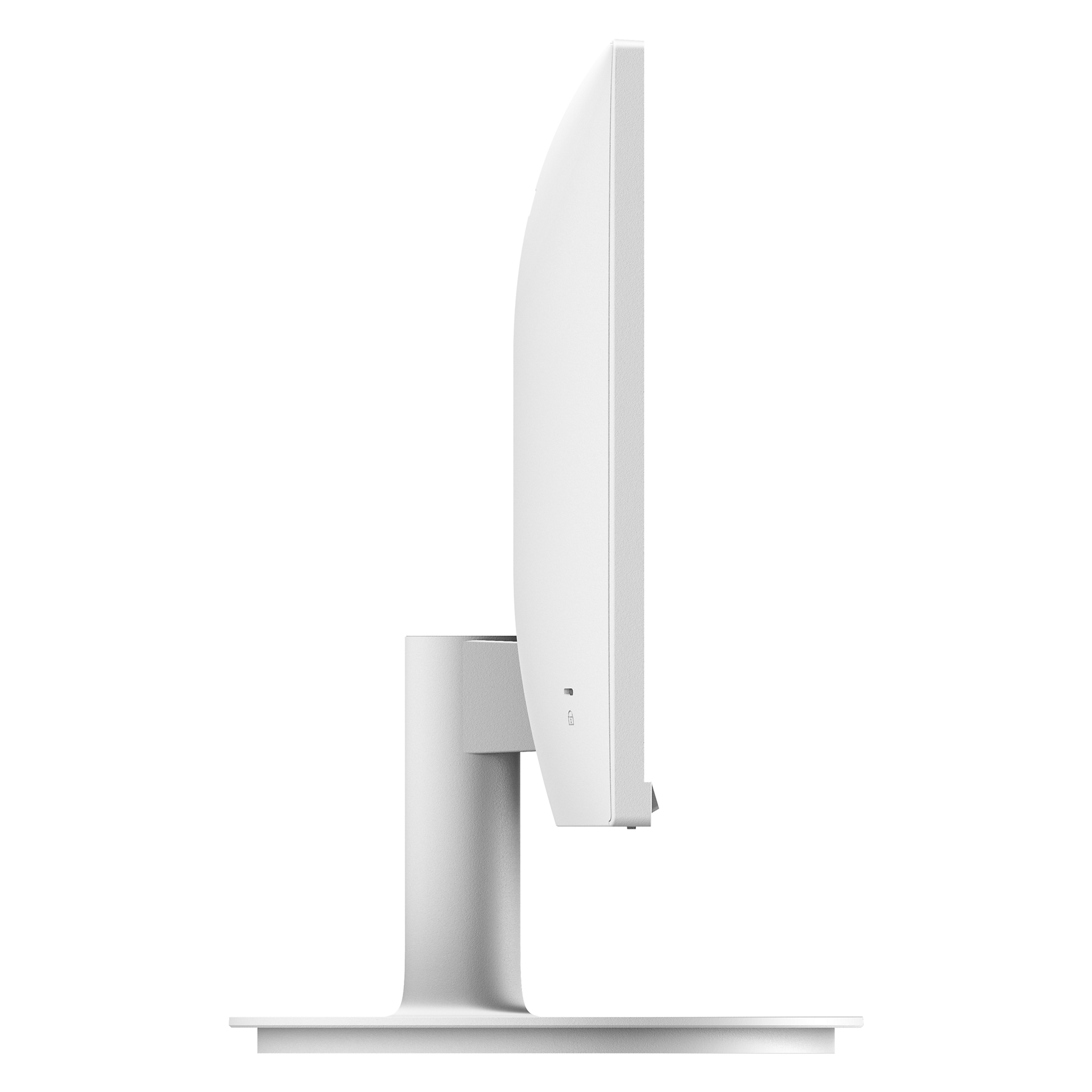 Weißer Computermonitor, Seitenansicht, mit Ständer und Fuß.