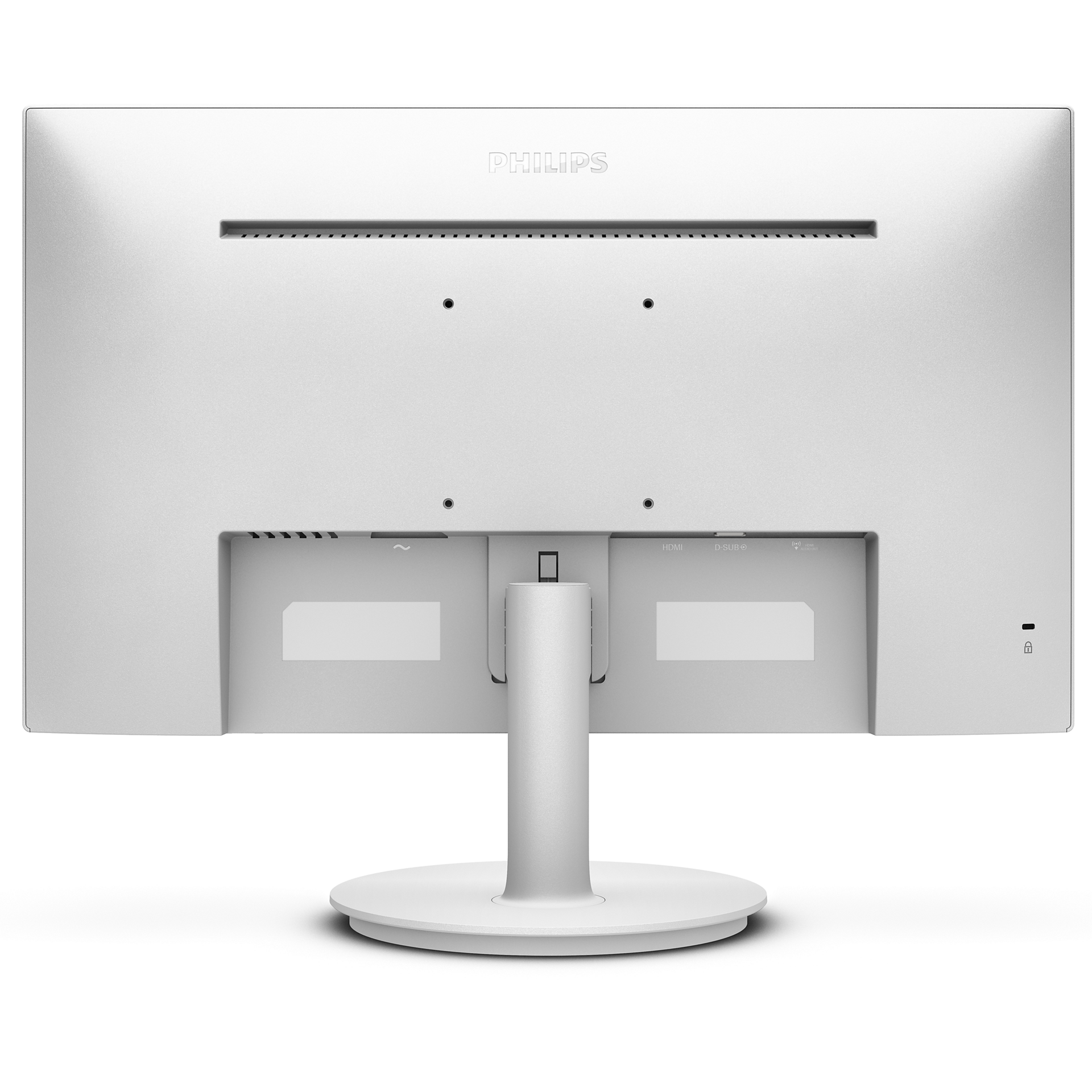 Rückseite eines weißen Computermonitors mit Philips-Logo.