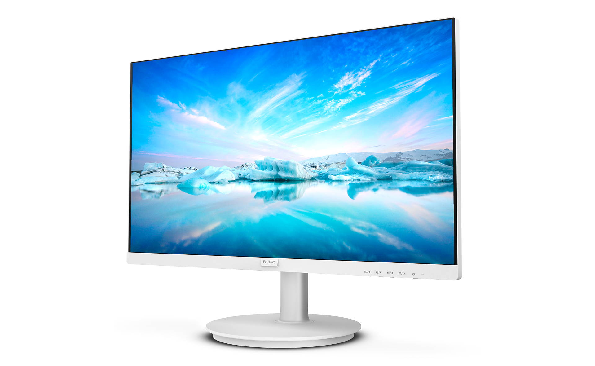 Weißer Computermonitor, zeigt eine Landschaftsszene, mit einem Ständer.