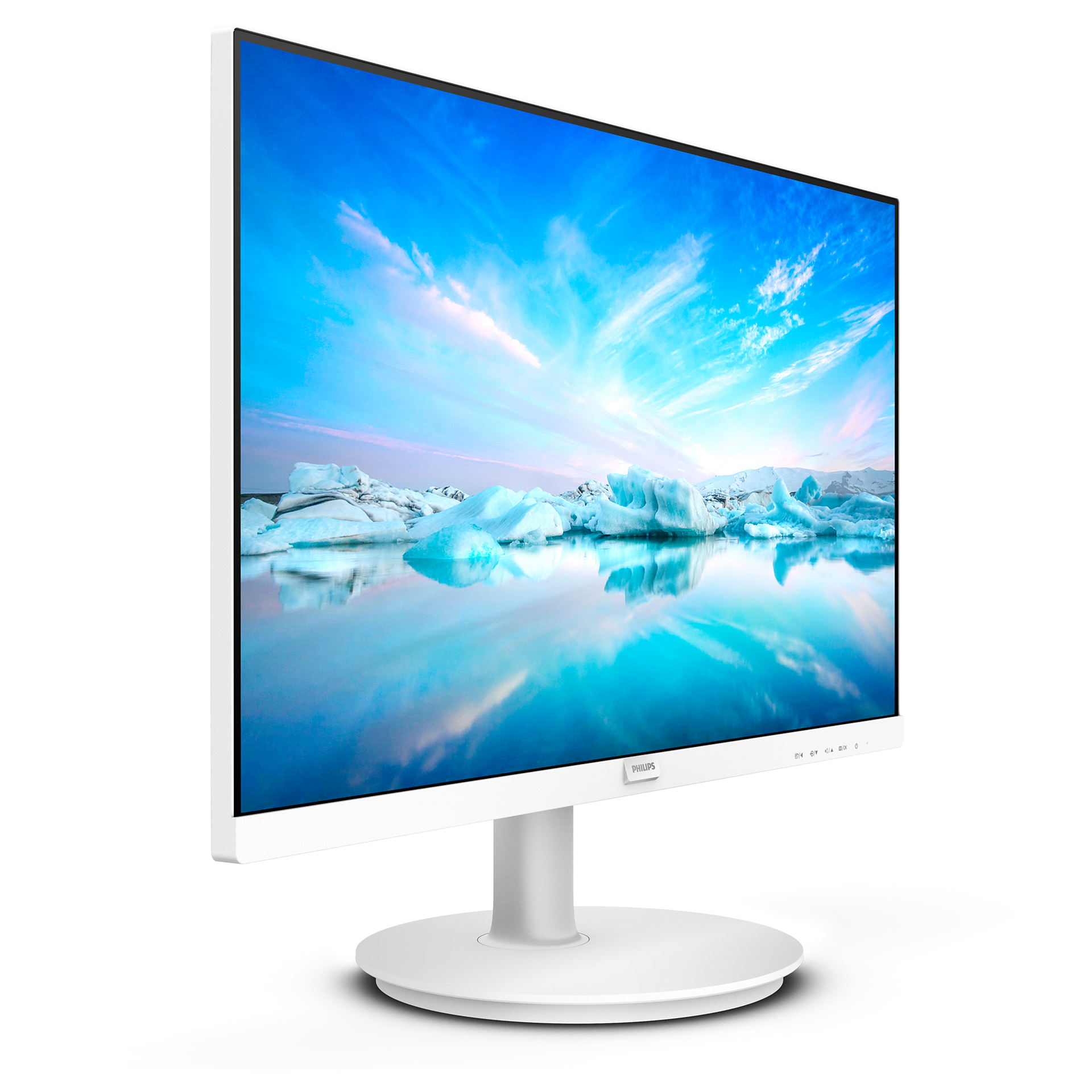 Weißer Computermonitor, zeigt eine Landschaftsszene, mit einem Ständer.