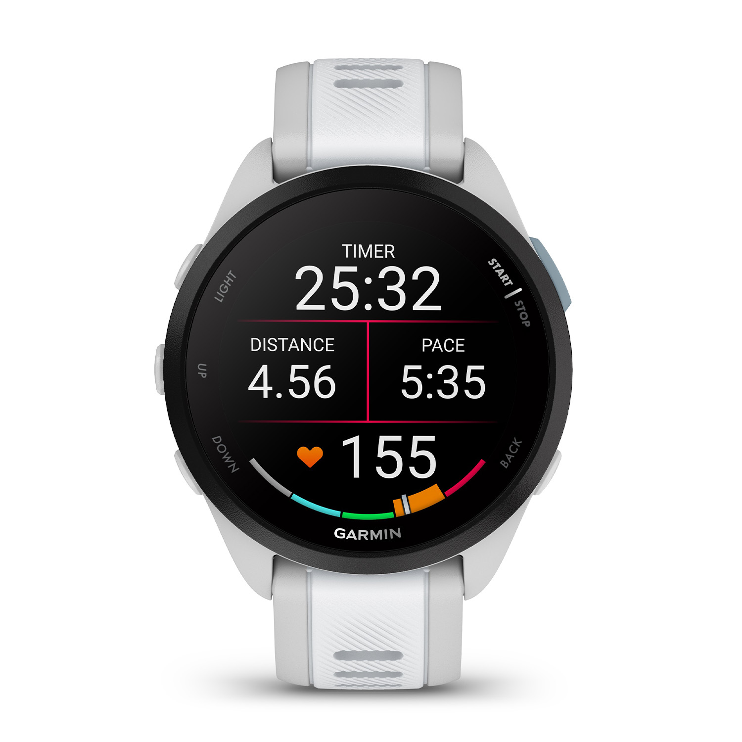Un orologio Garmin bianco che mostra il timer 25:32, la distanza 4.56 e il passo 5:35. Frequenza cardiaca 155.