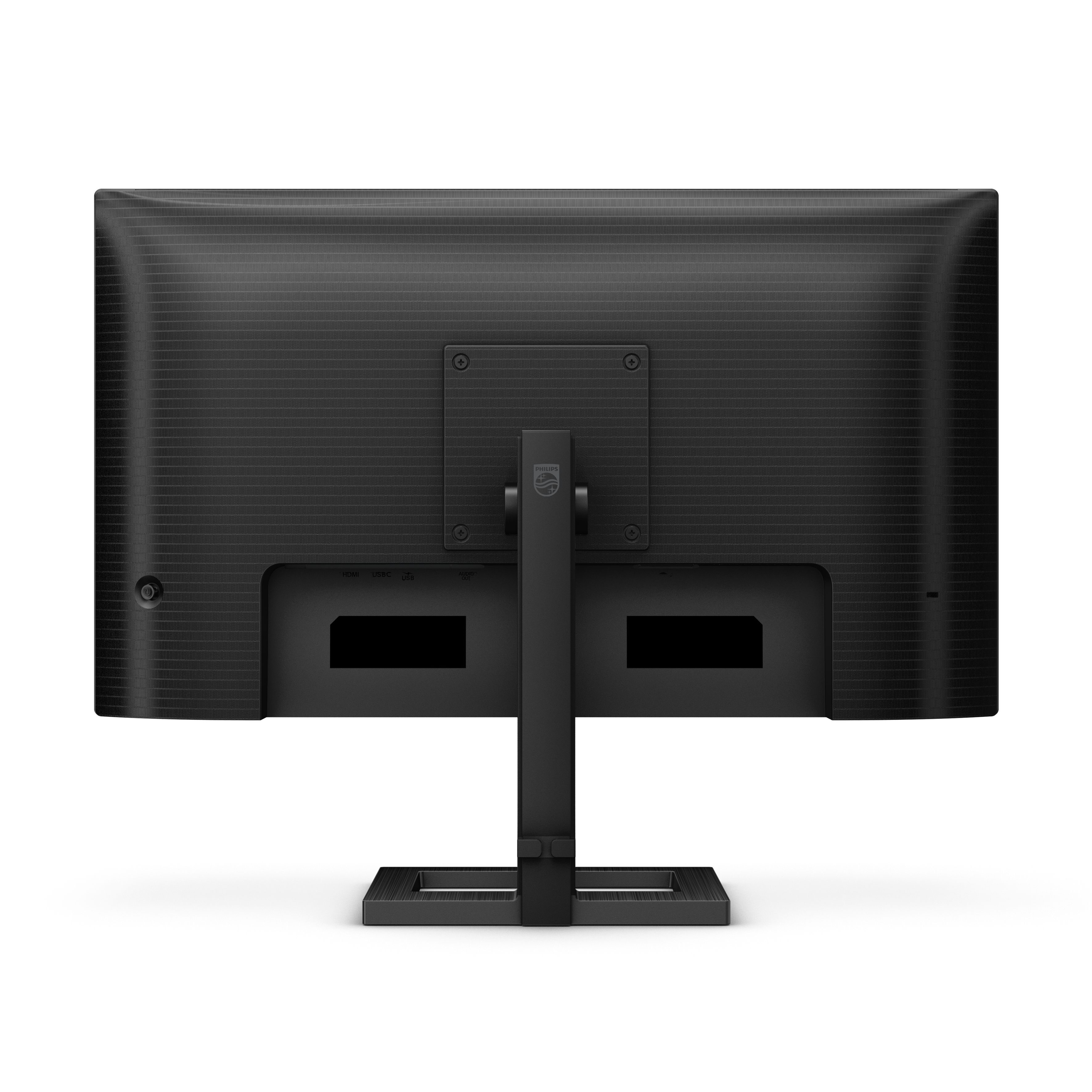 Rückseite eines schwarzen Computermonitors mit Ständer.
