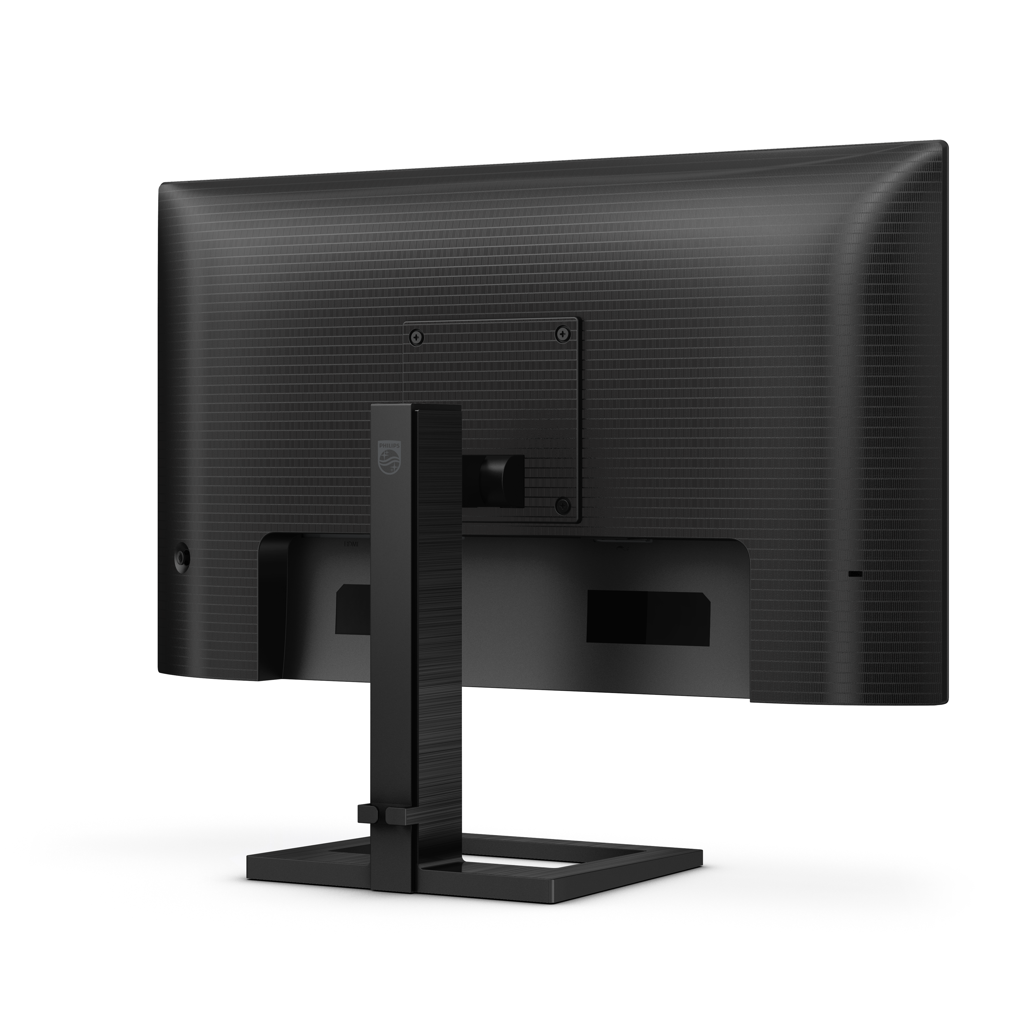Rückansicht eines schwarzen Computermonitors auf einem schwarzen Ständer, mit Philips-Logo.