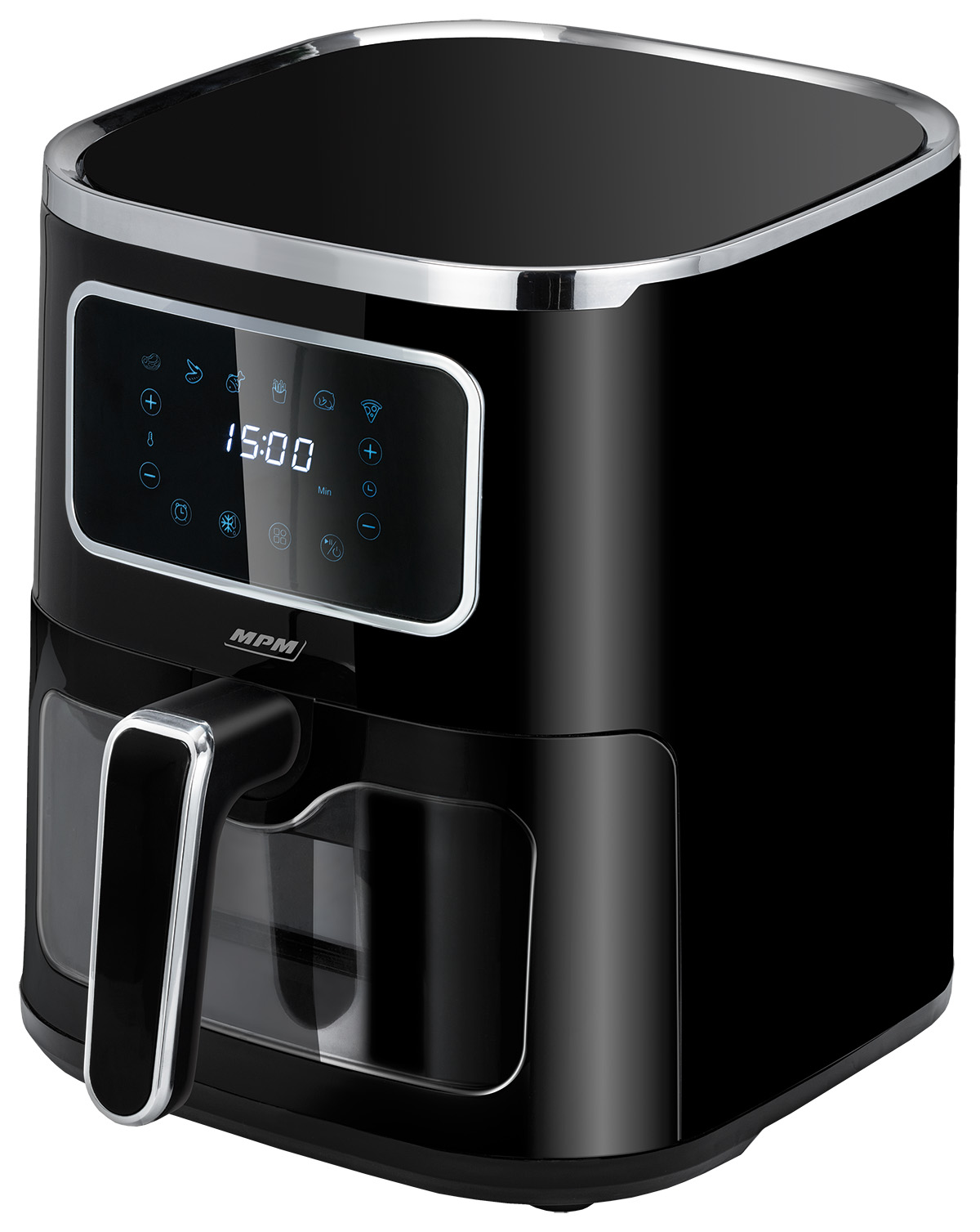 Czarna frytkownica powietrzna z cyfrowym wyświetlaczem pokazującym czas. Srebrne akcenty.