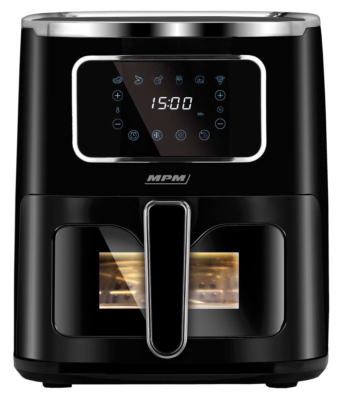 Czarna frytkownica beztłuszczowa z cyfrowym wyświetlaczem pokazującym czas. Ma uchwyt i okno.