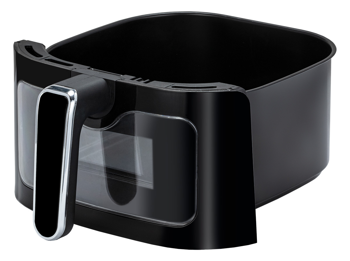 Czarny kosz frytkownicy z uchwytem. Ma przezroczyste okno. Umieszczony na białej powierzchni.